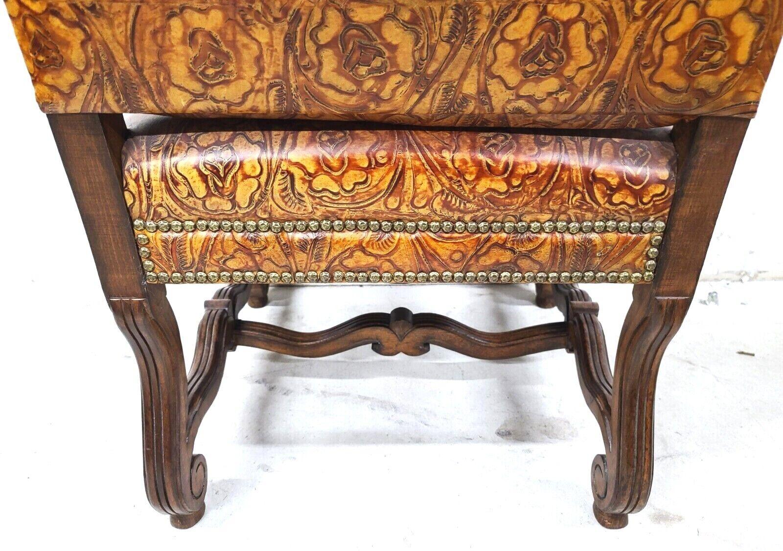 Antique Louis XV Hand Colored Tooled Leather Throne Armchair For Sale 7