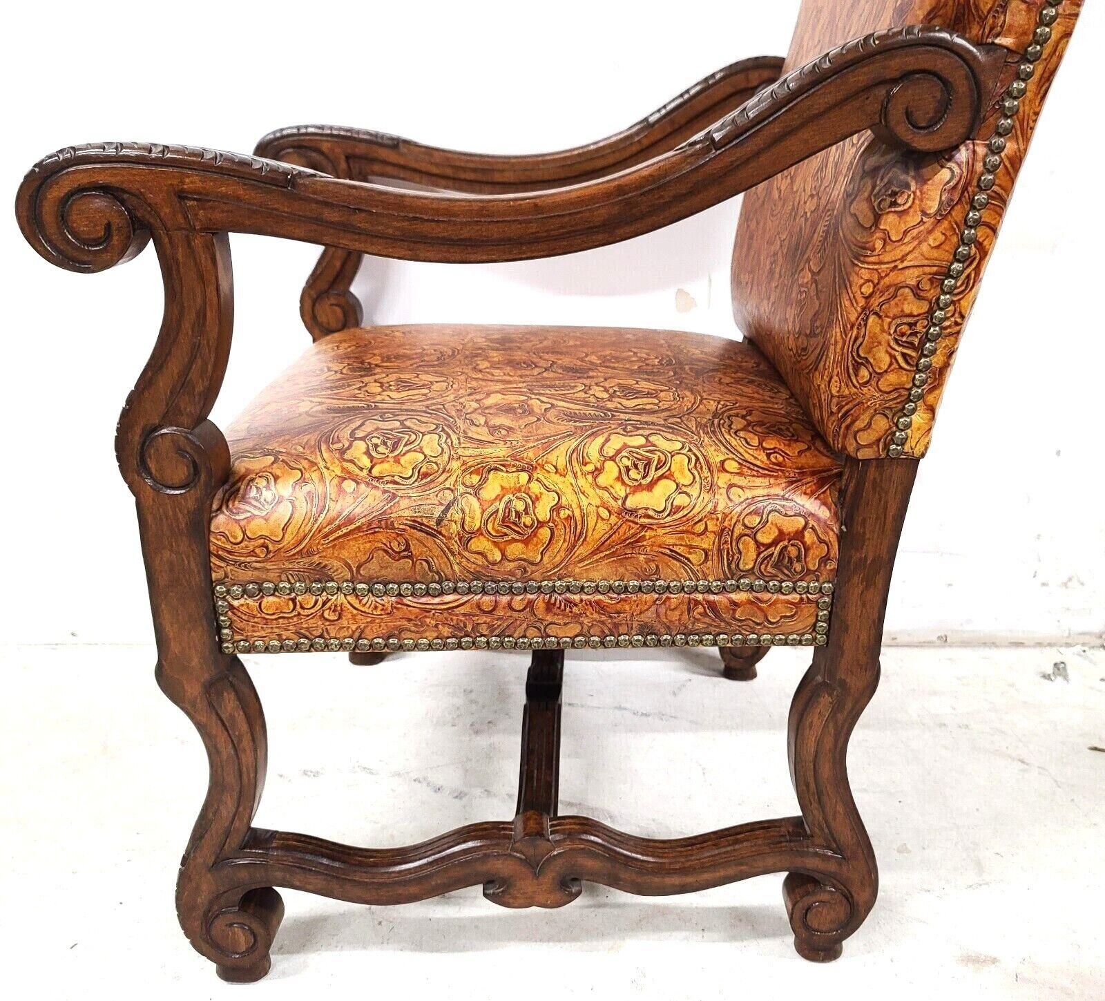 Antique Louis XV Hand Colored Tooled Leather Throne Armchair For Sale 8