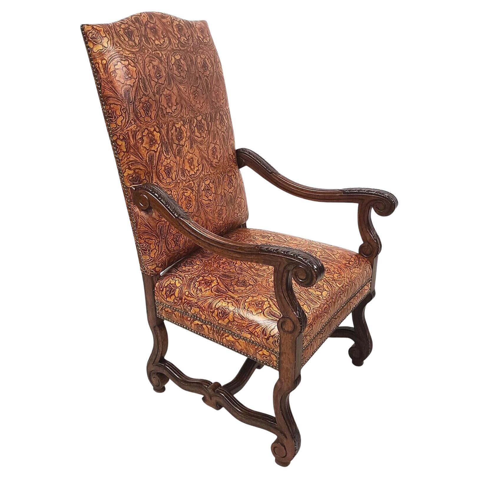 For FULL item description be sure to click on CONTINUE READING at the bottom of this listing.

Offering one of our recent palm beach estate fine furniture acquisitions of an
antique French Louis XV style hand colored tooled leather mahogany throne