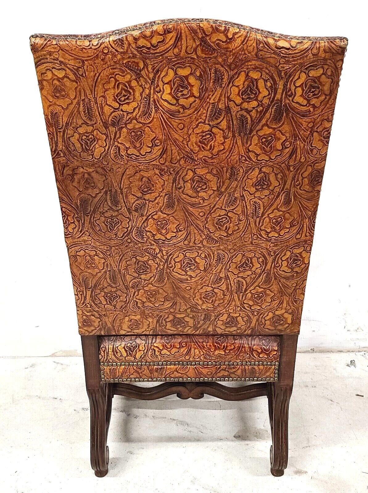 Antique Louis XV Hand Colored Tooled Leather Throne Armchair In Good Condition For Sale In Lake Worth, FL