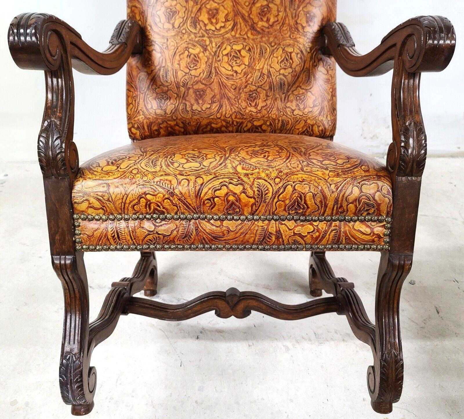 20th Century Antique Louis XV Hand Colored Tooled Leather Throne Armchair For Sale