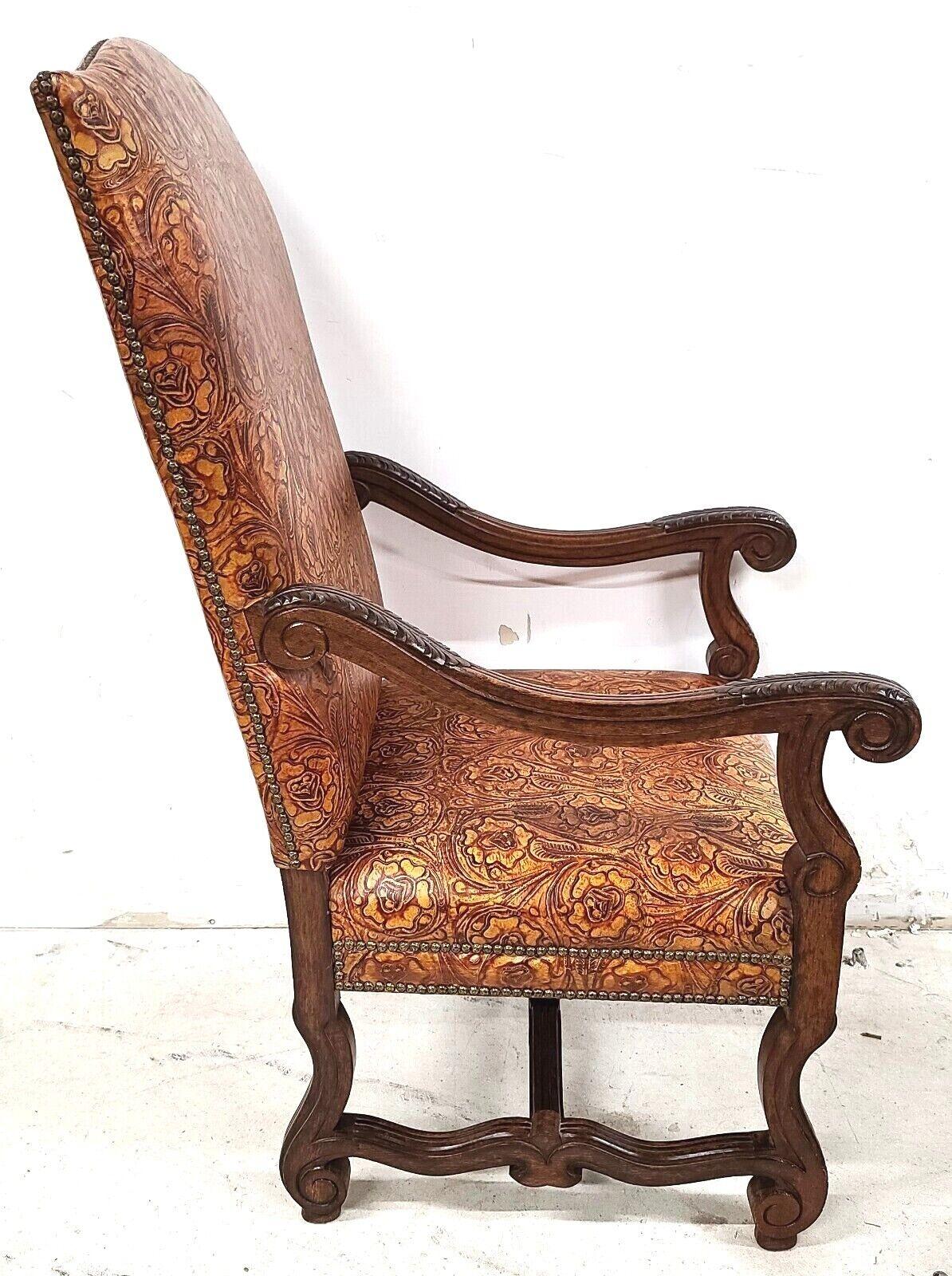 Antique Louis XV Hand Colored Tooled Leather Throne Armchair For Sale 1
