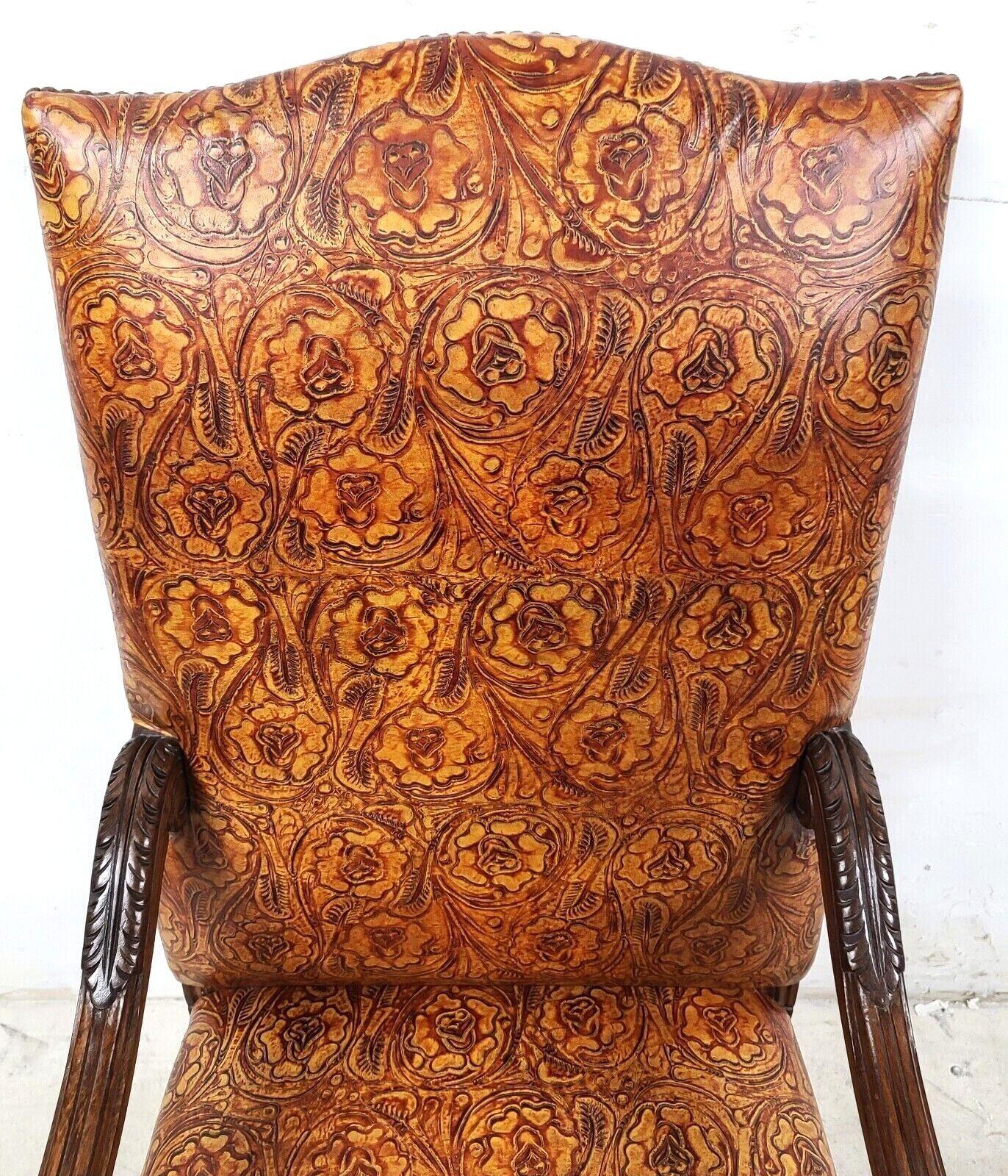 Antique Louis XV Hand Colored Tooled Leather Throne Armchair For Sale 3