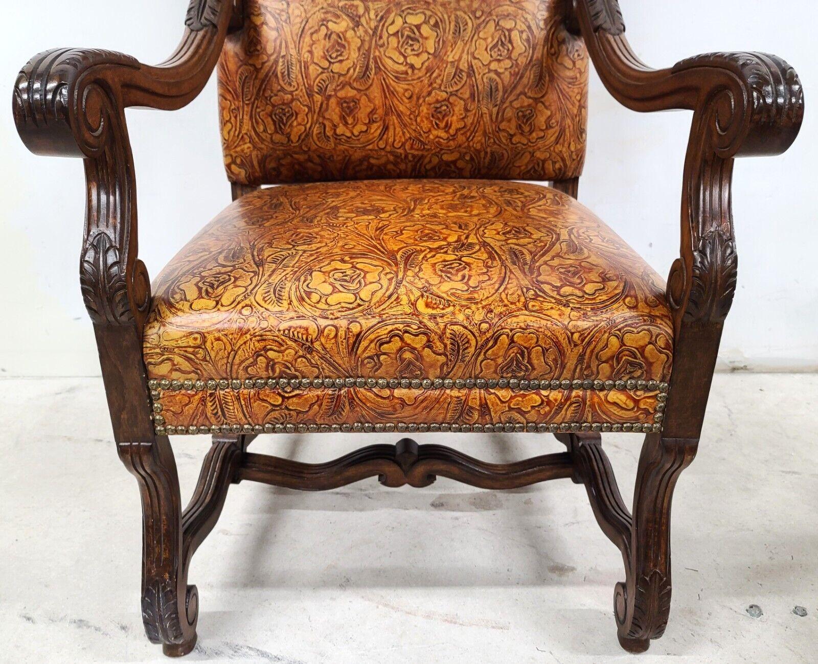 Antique Louis XV Hand Colored Tooled Leather Throne Armchair For Sale 4