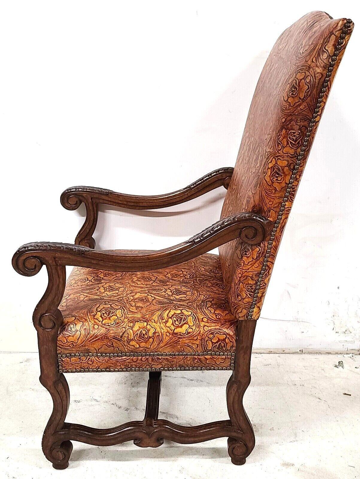 Antique Louis XV Hand Colored Tooled Leather Throne Armchair For Sale 5