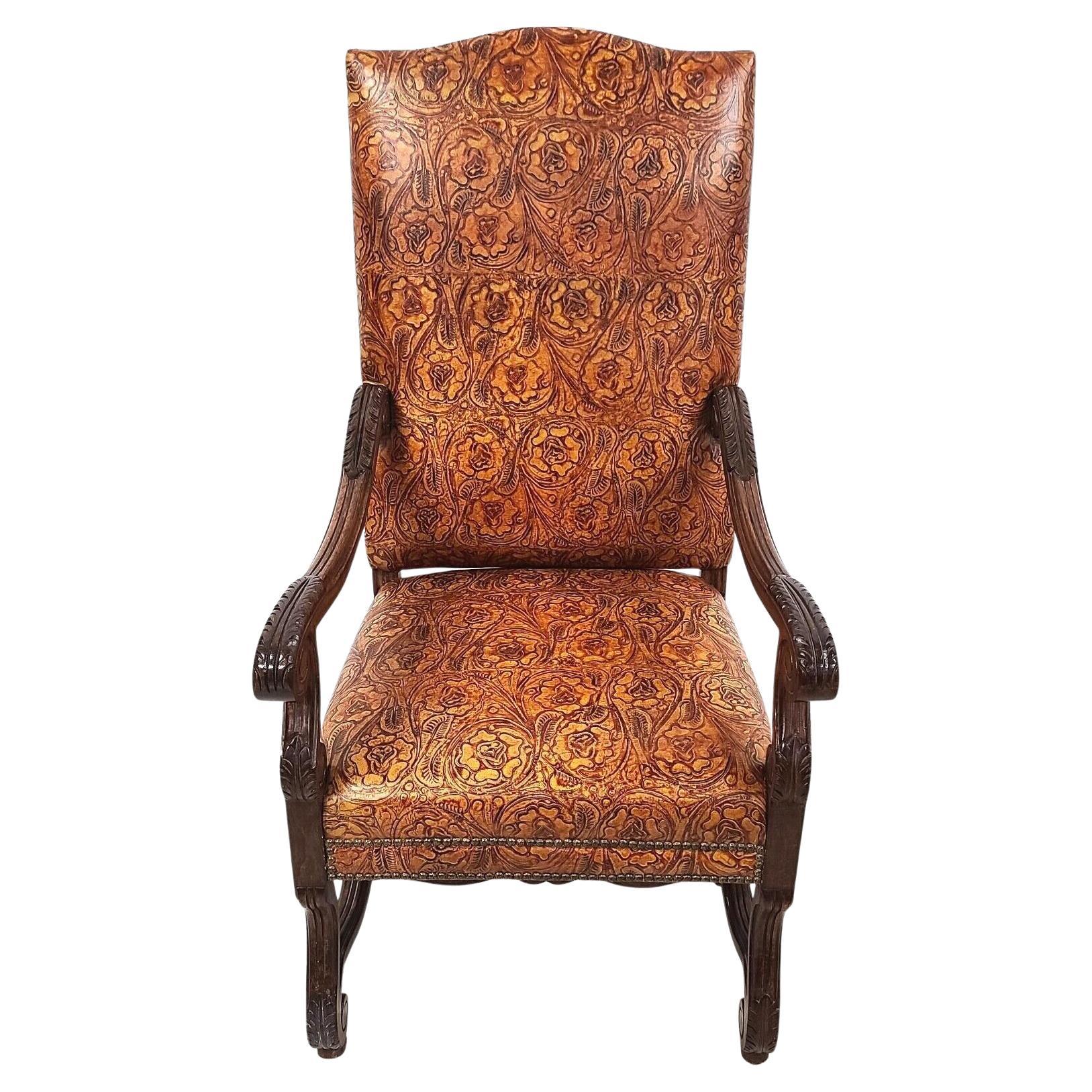 Antique Louis XV Hand Colored Tooled Leather Throne Armchair For Sale