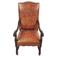 Used Louis XV Hand Colored Tooled Leather Throne Armchair