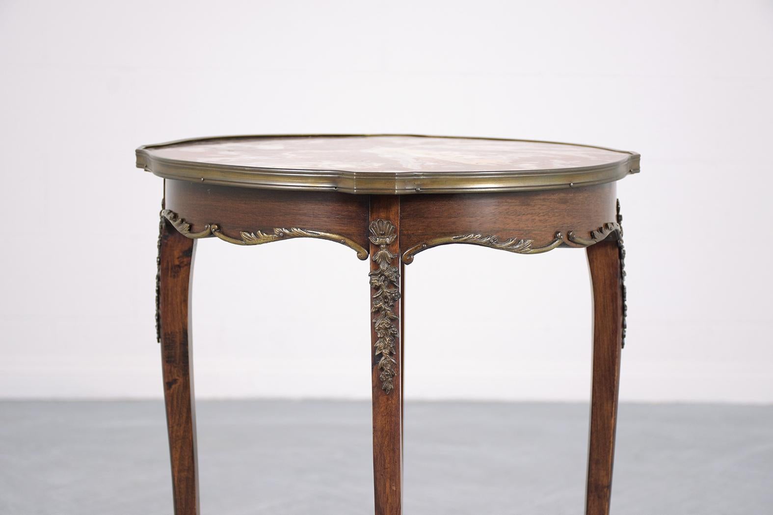 Stained Antique Louis XV Style Mahogany Side Table with Rouge Marble Top & Brass  Accent For Sale