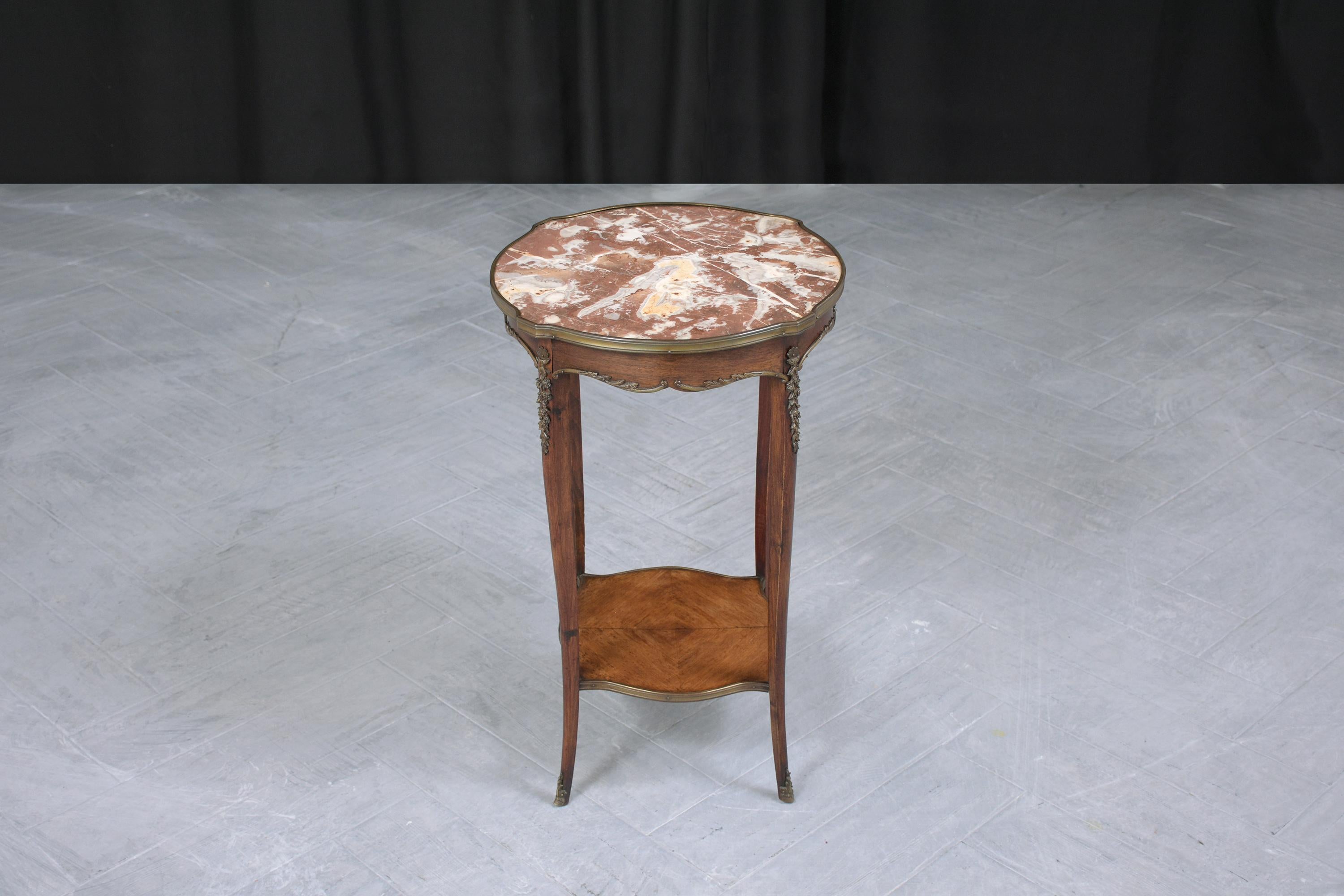 Early 20th Century Antique Louis XV Style Mahogany Side Table with Rouge Marble Top & Brass  Accent For Sale