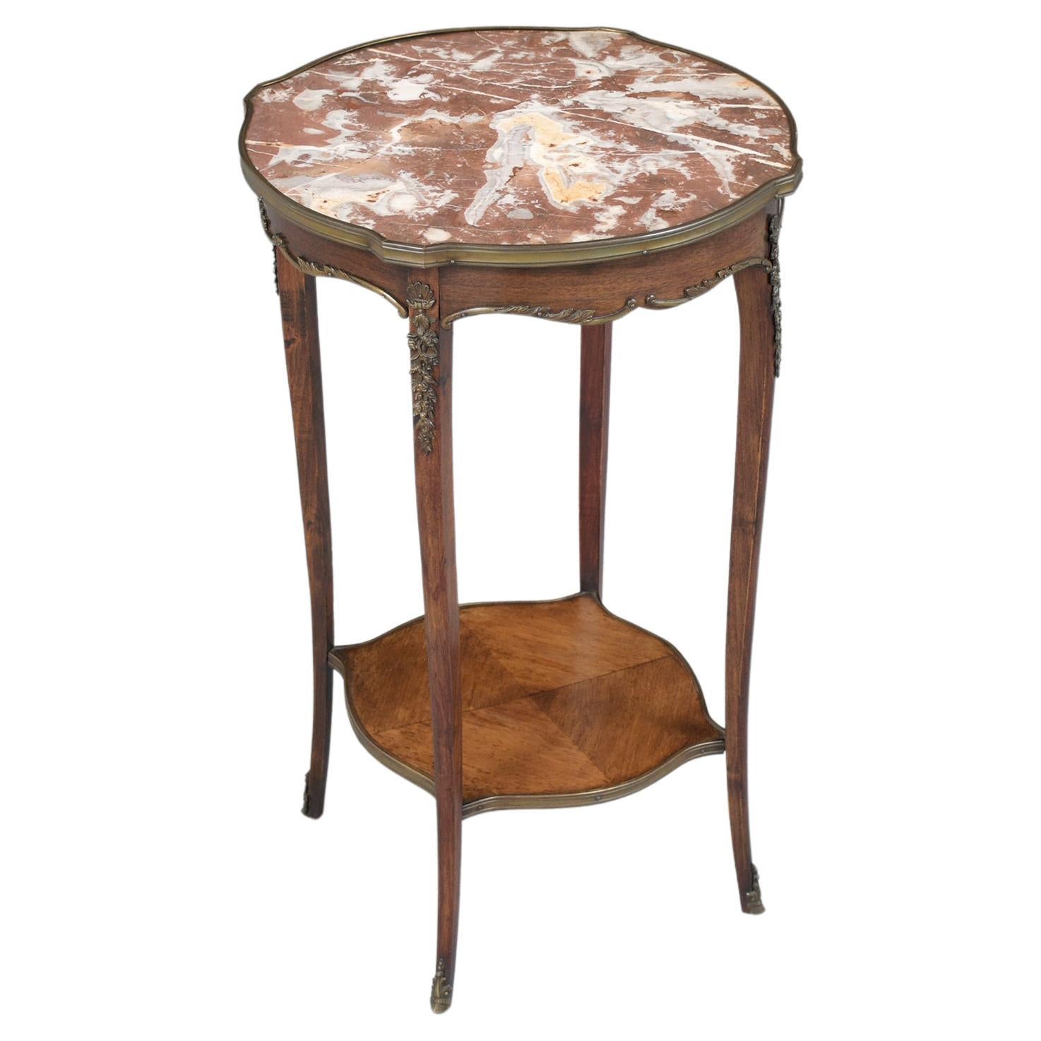 Antique Louis XV Style Mahogany Side Table with Rouge Marble Top & Brass  Accent