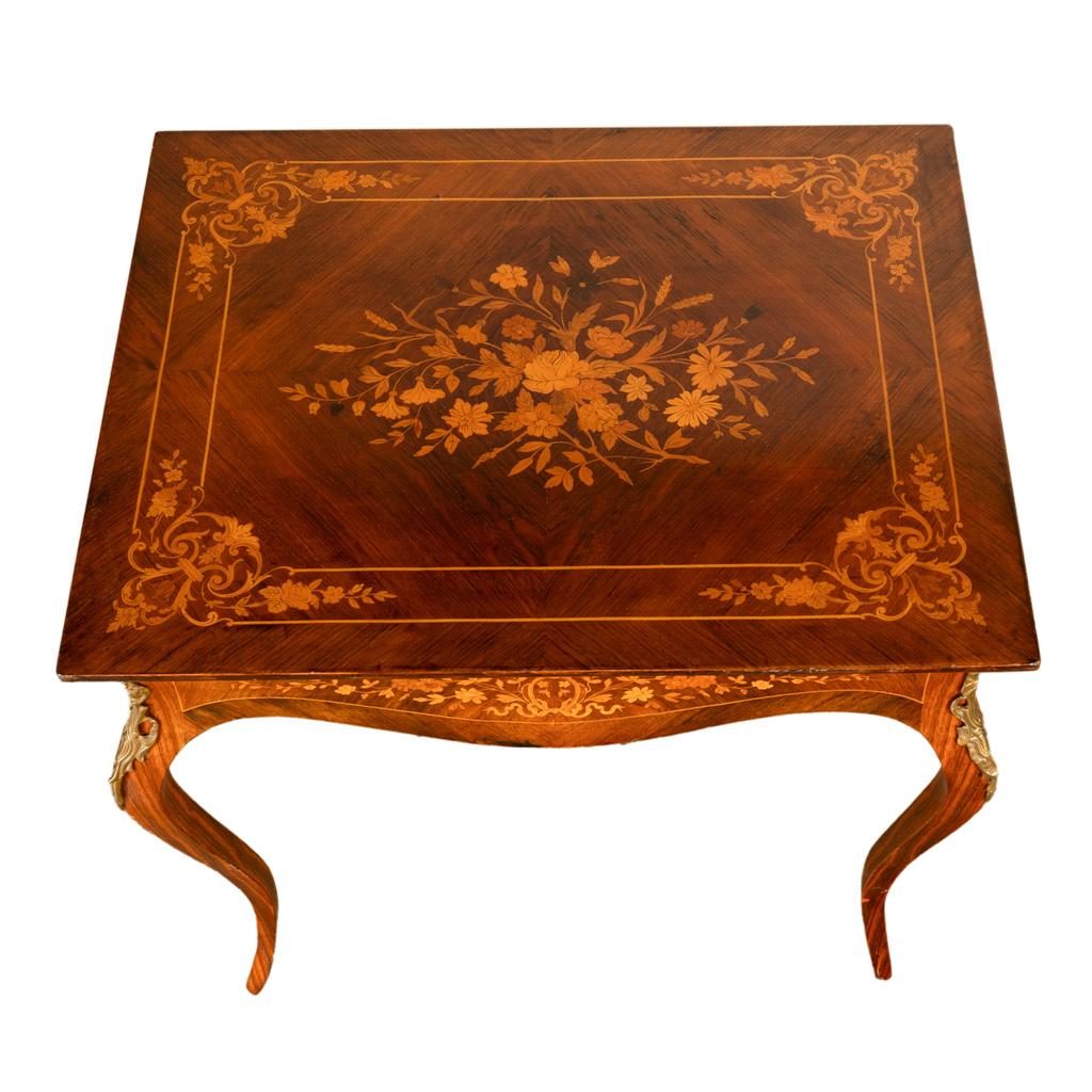 Antique Louis XV Ormolu Mounted Inlaid Marquetry Rosewood Center Side Table 1890 For Sale 7