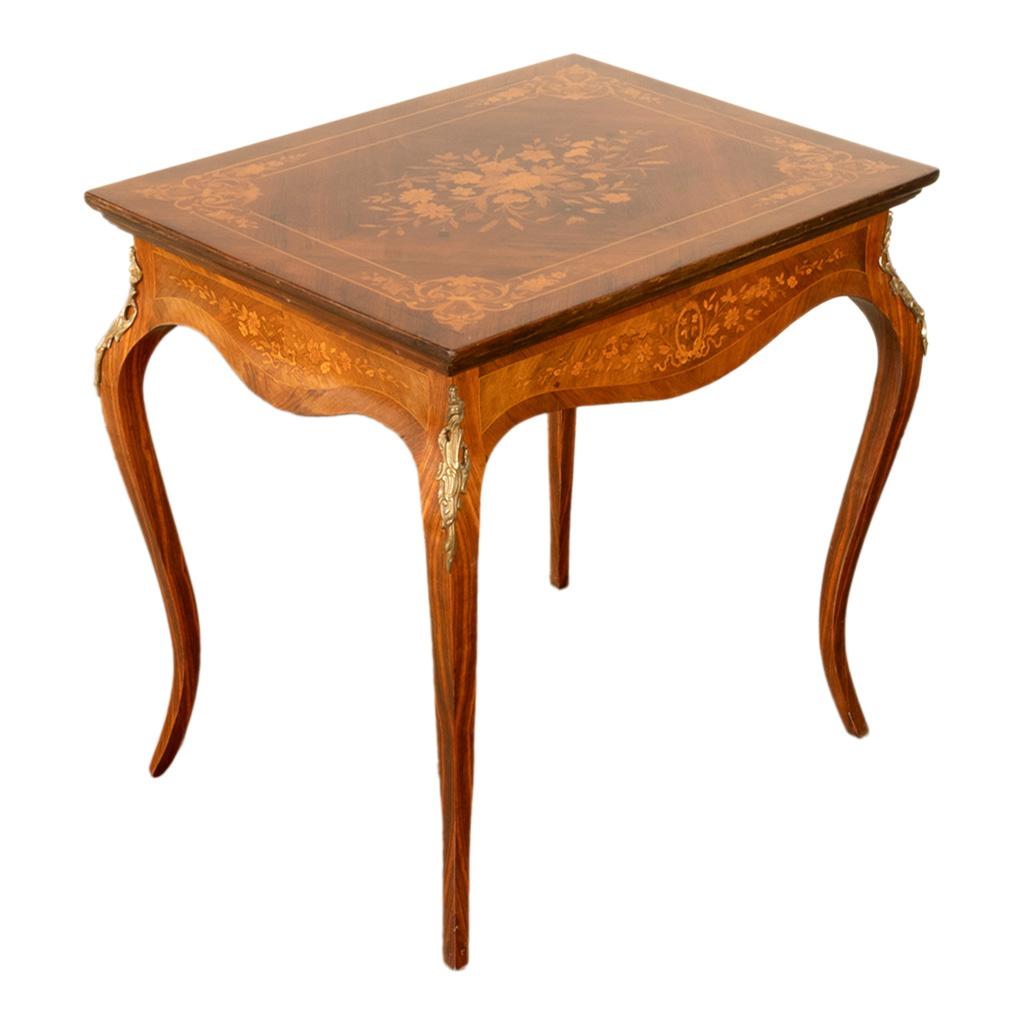 French Antique Louis XV Ormolu Mounted Inlaid Marquetry Rosewood Center Side Table 1890 For Sale