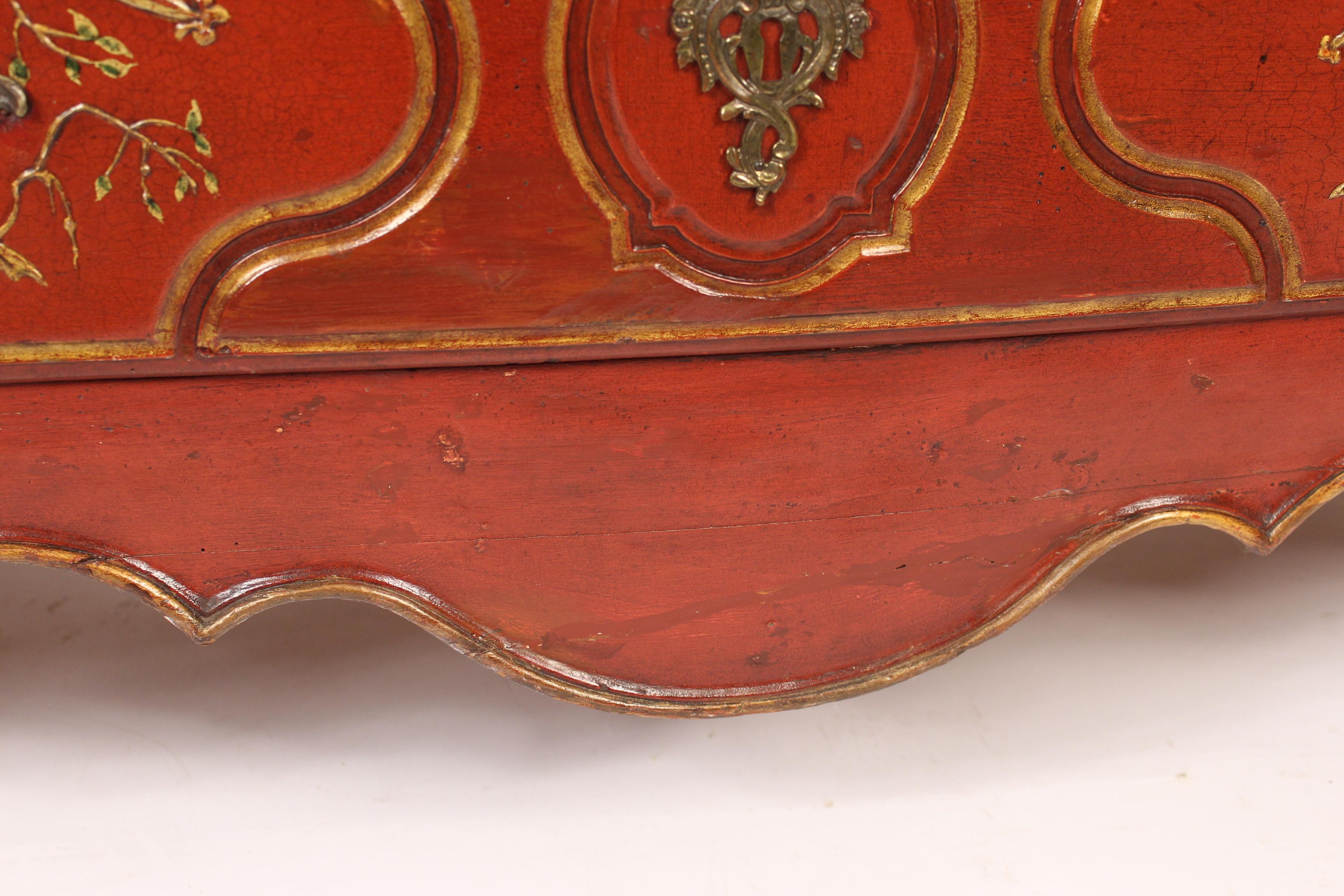 Antique Louis XV Provincial Style Red Chinoiserie Decorated Chest of Drawers For Sale 4