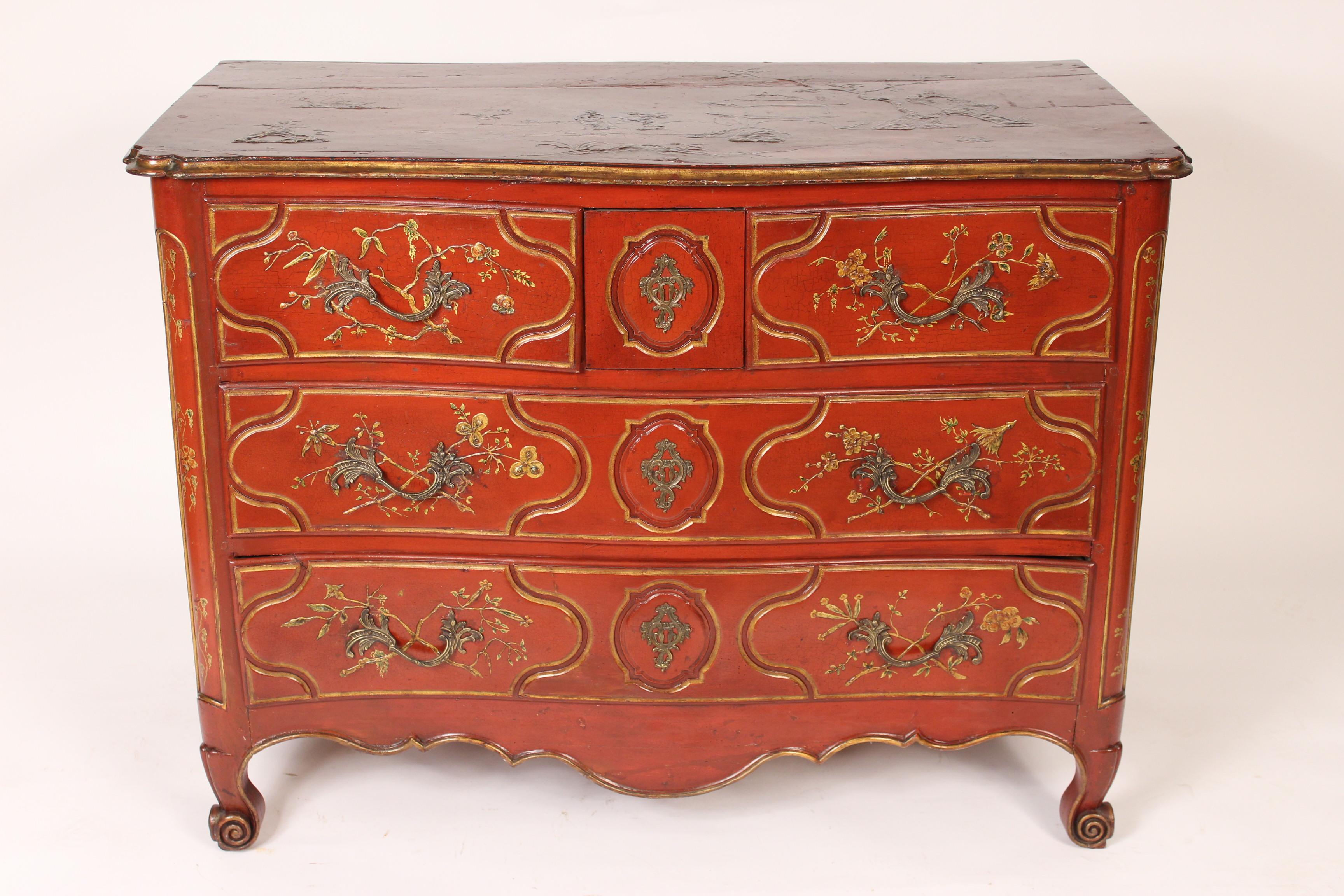 Antique Louis XV provincial style red chinoiserie decorated chest of drawers, 19th century. Chinoiserie decoration is early 20th century