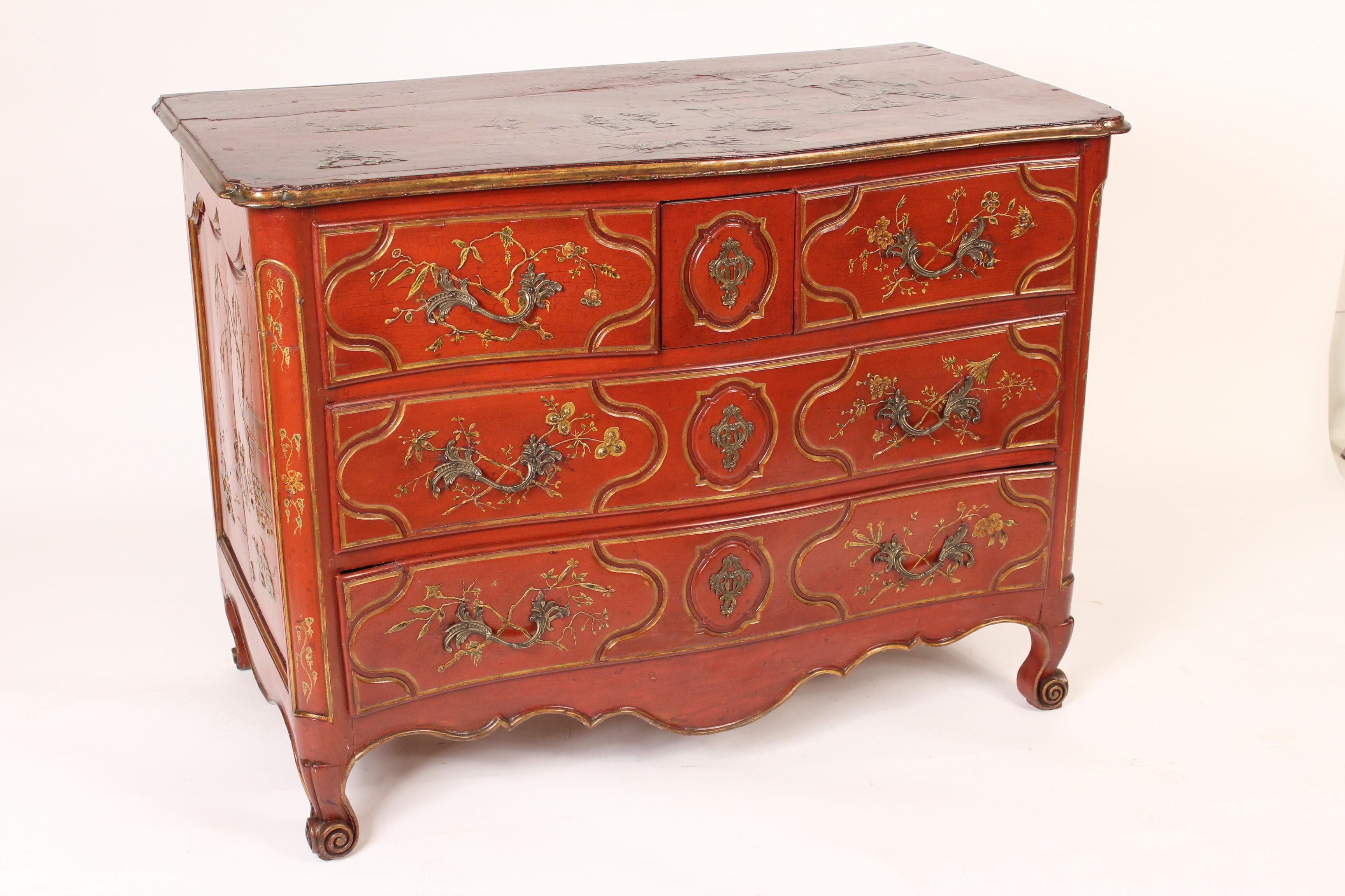 French Antique Louis XV Provincial Style Red Chinoiserie Decorated Chest of Drawers For Sale