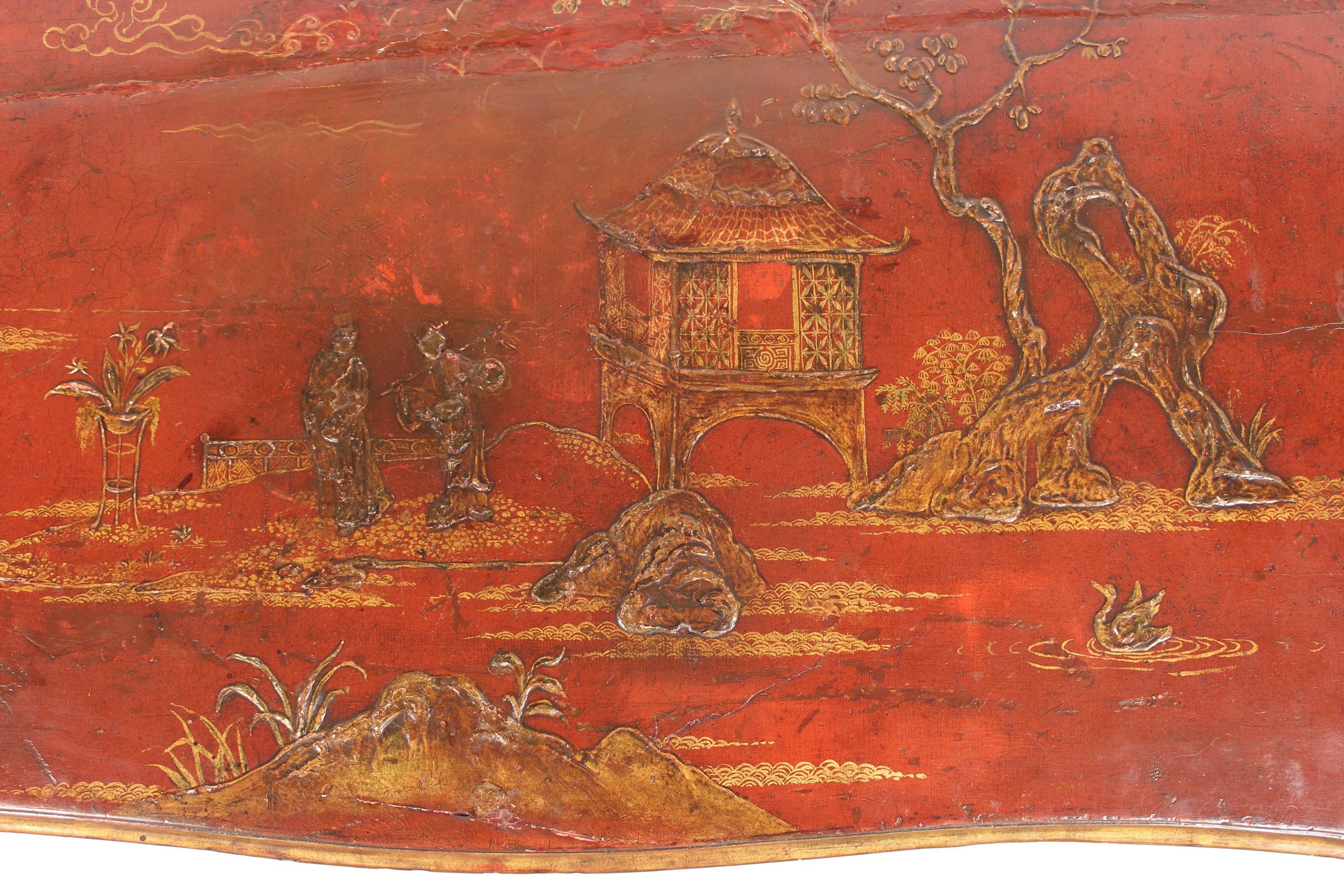 Brass Antique Louis XV Provincial Style Red Chinoiserie Decorated Chest of Drawers For Sale