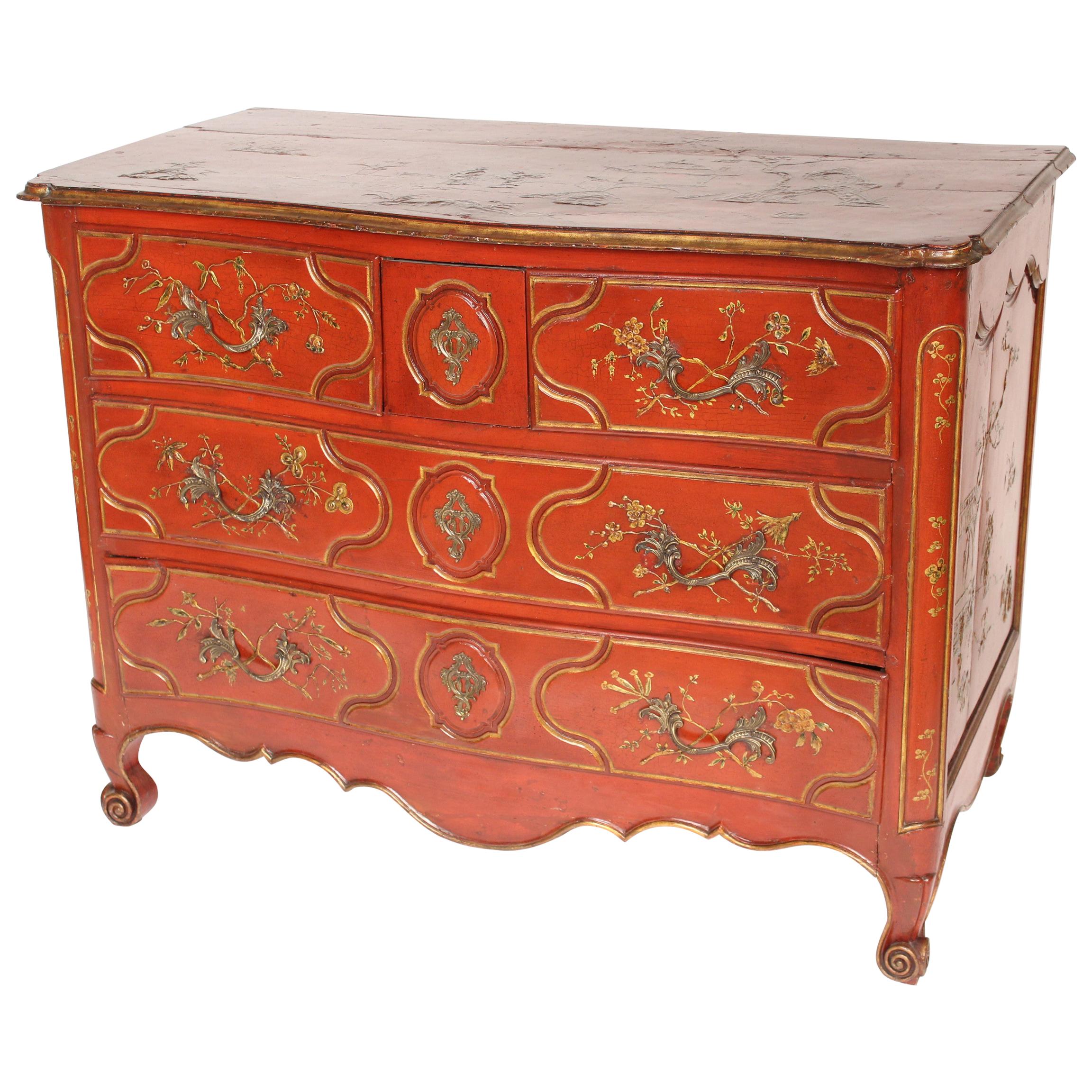 Antique Louis XV Provincial Style Red Chinoiserie Decorated Chest of Drawers For Sale