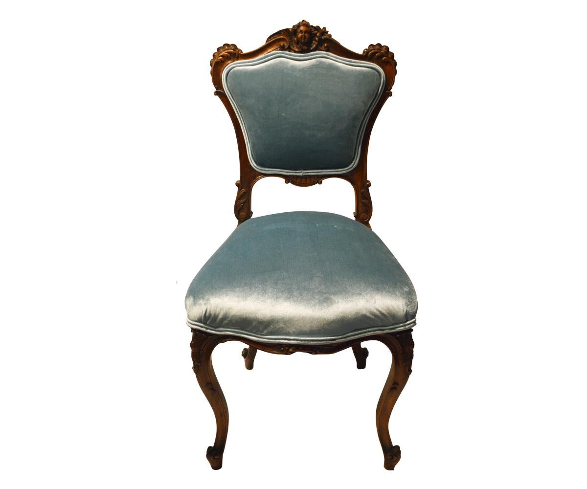 Velvet Antique Louis XV Revival 19th Century Hand-Carved Walnut Settee Five Piece Set