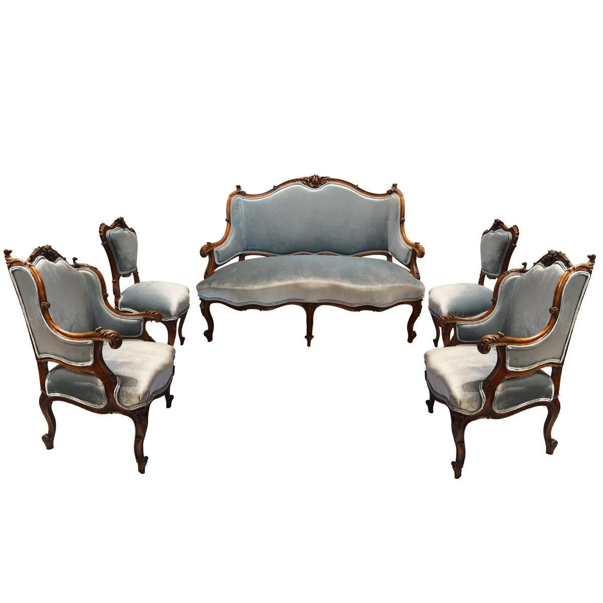 Antique Louis XV Revival 19th Century Hand-Carved Walnut Settee Five Piece Set