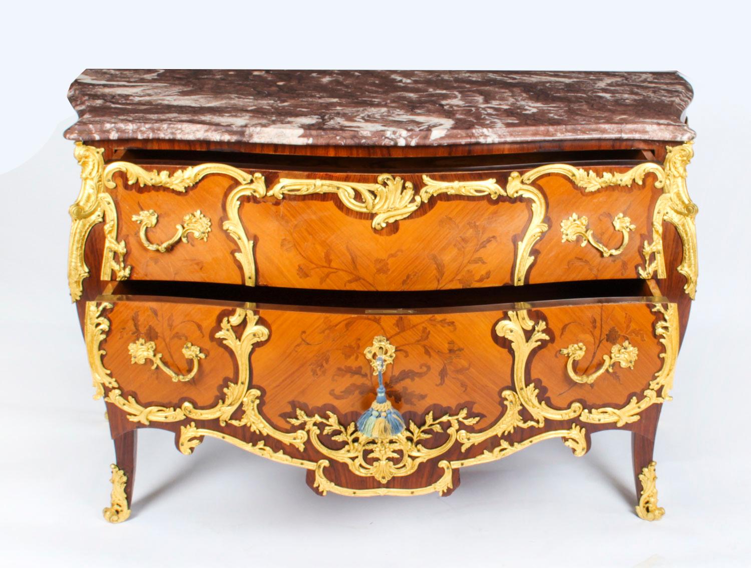 Antique Louis XV Revival Ormolu Mounted Marquetry Commode, 1920s 10