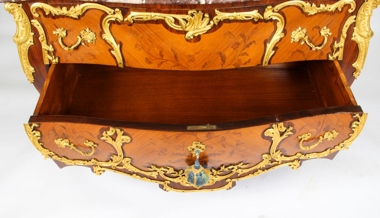 Antique Louis XV Revival Ormolu Mounted Marquetry Commode, 1920s 11