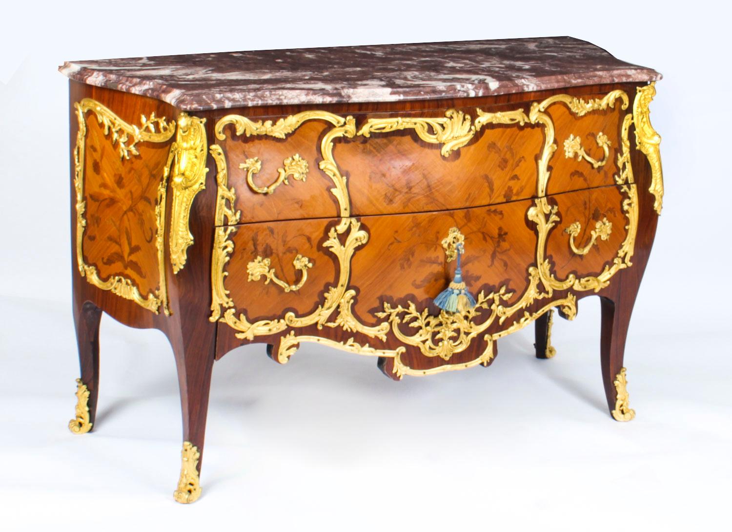 Antique Louis XV Revival Ormolu Mounted Marquetry Commode, 1920s 14