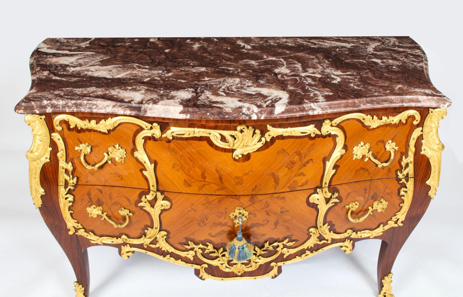 French Antique Louis XV Revival Ormolu Mounted Marquetry Commode, 1920s