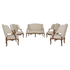 Antique Louis XV Settee and Chairs with Cream Upholstery, France
