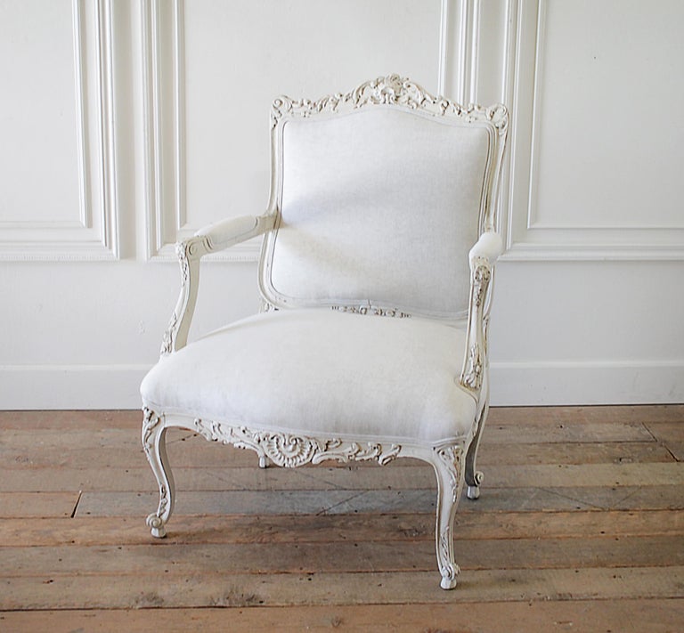 Antique Louis XV Style French Painted and Upholstered Open Arm Chair at