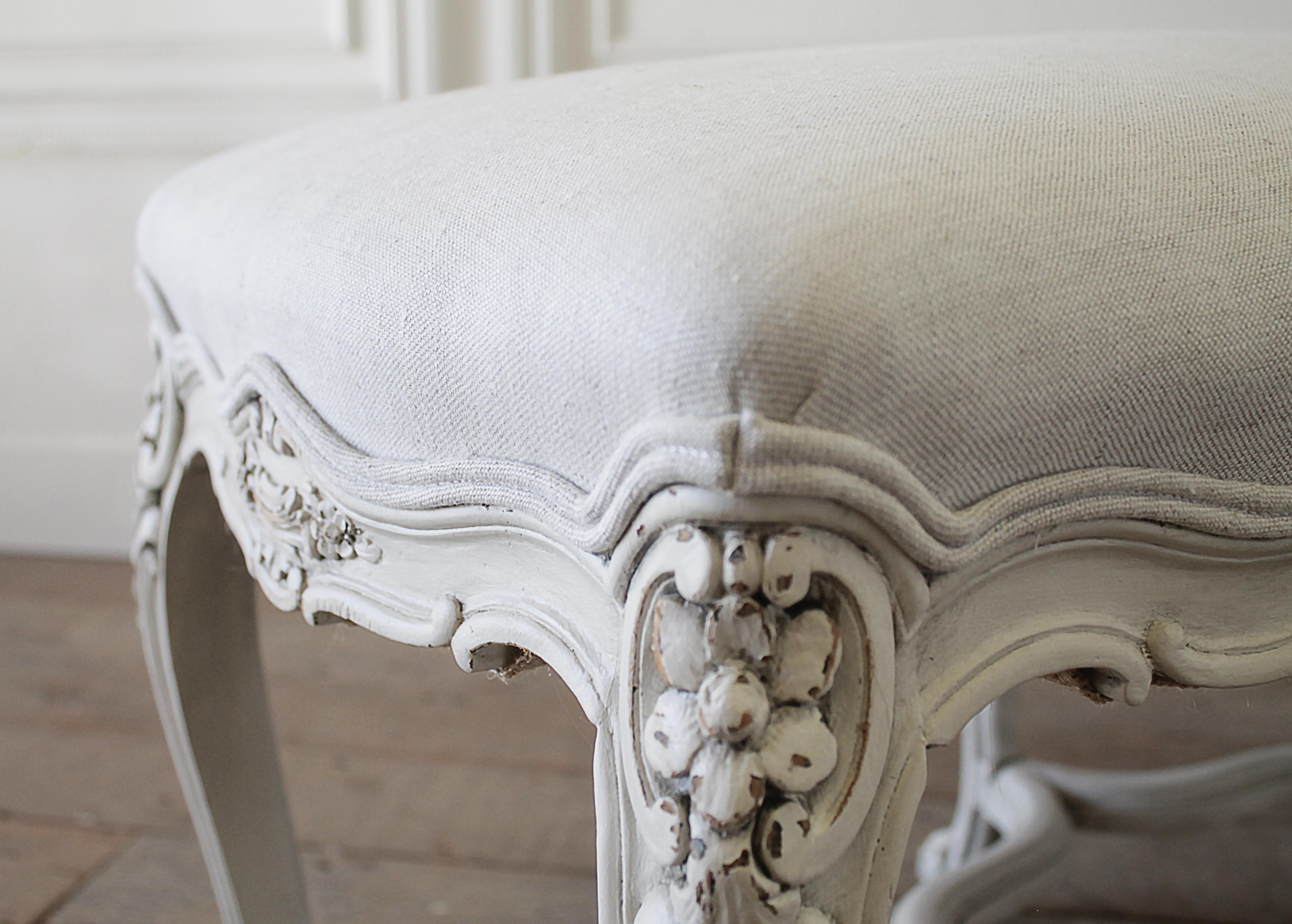 Antique Louis XV Style Bench with Natural Linen Upholstery 9