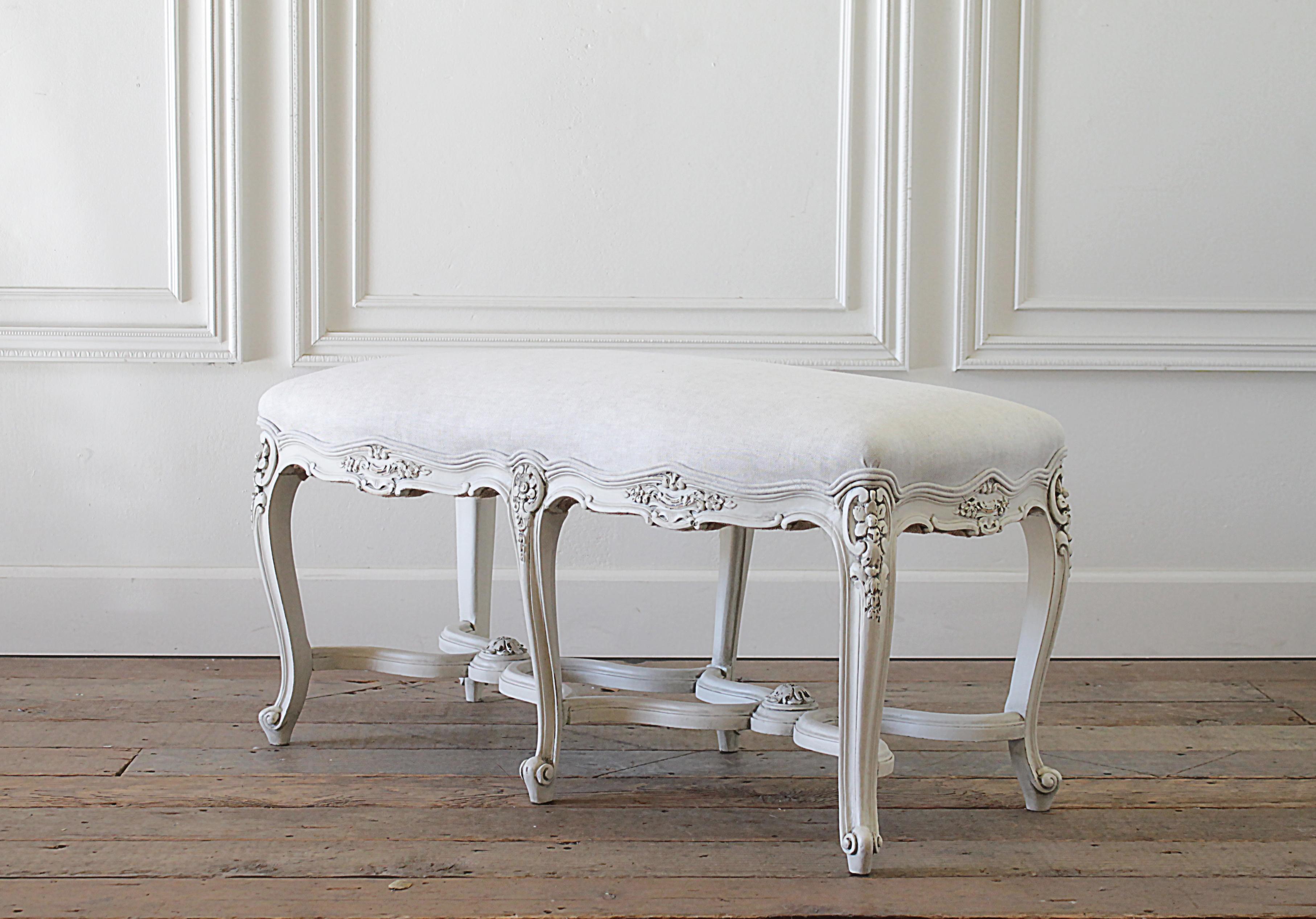 European Antique Louis XV Style Bench with Natural Linen Upholstery