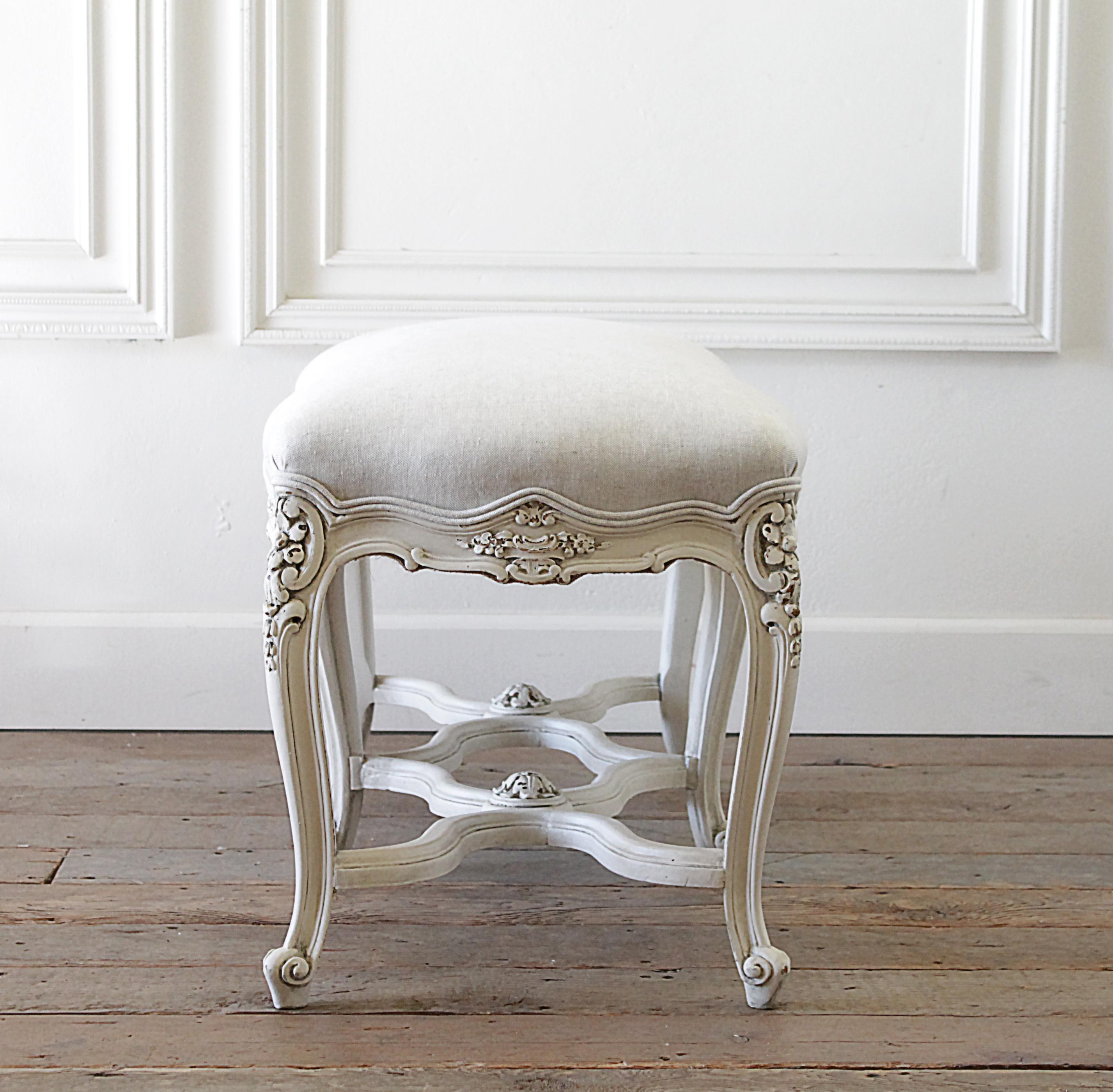 20th Century Antique Louis XV Style Bench with Natural Linen Upholstery