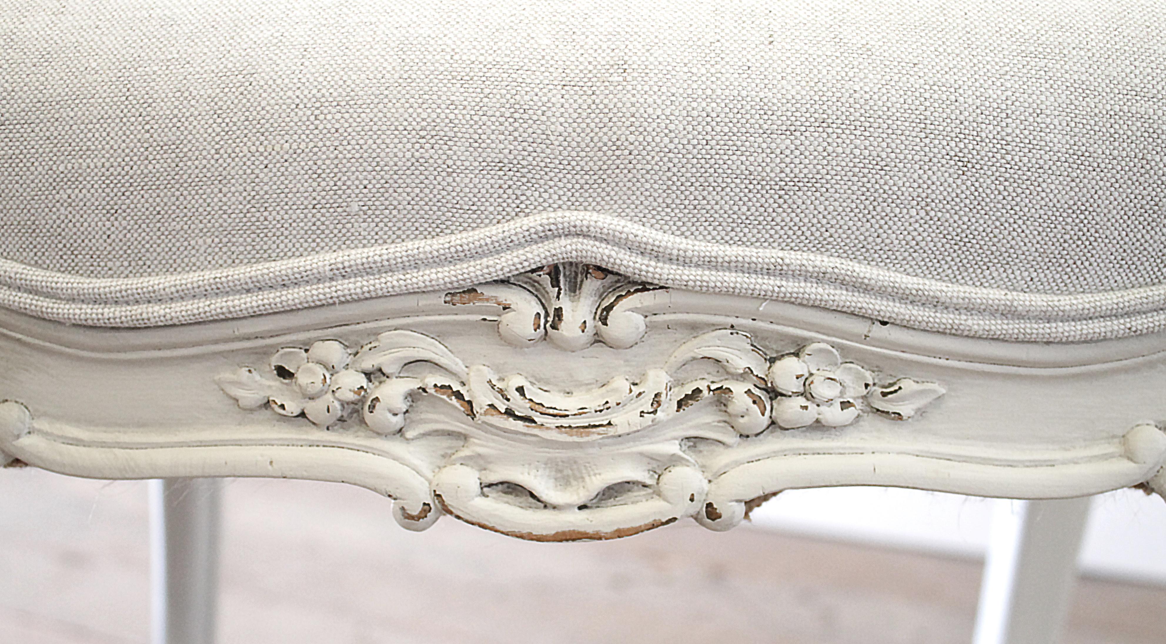 Antique Louis XV Style Bench with Natural Linen Upholstery 3