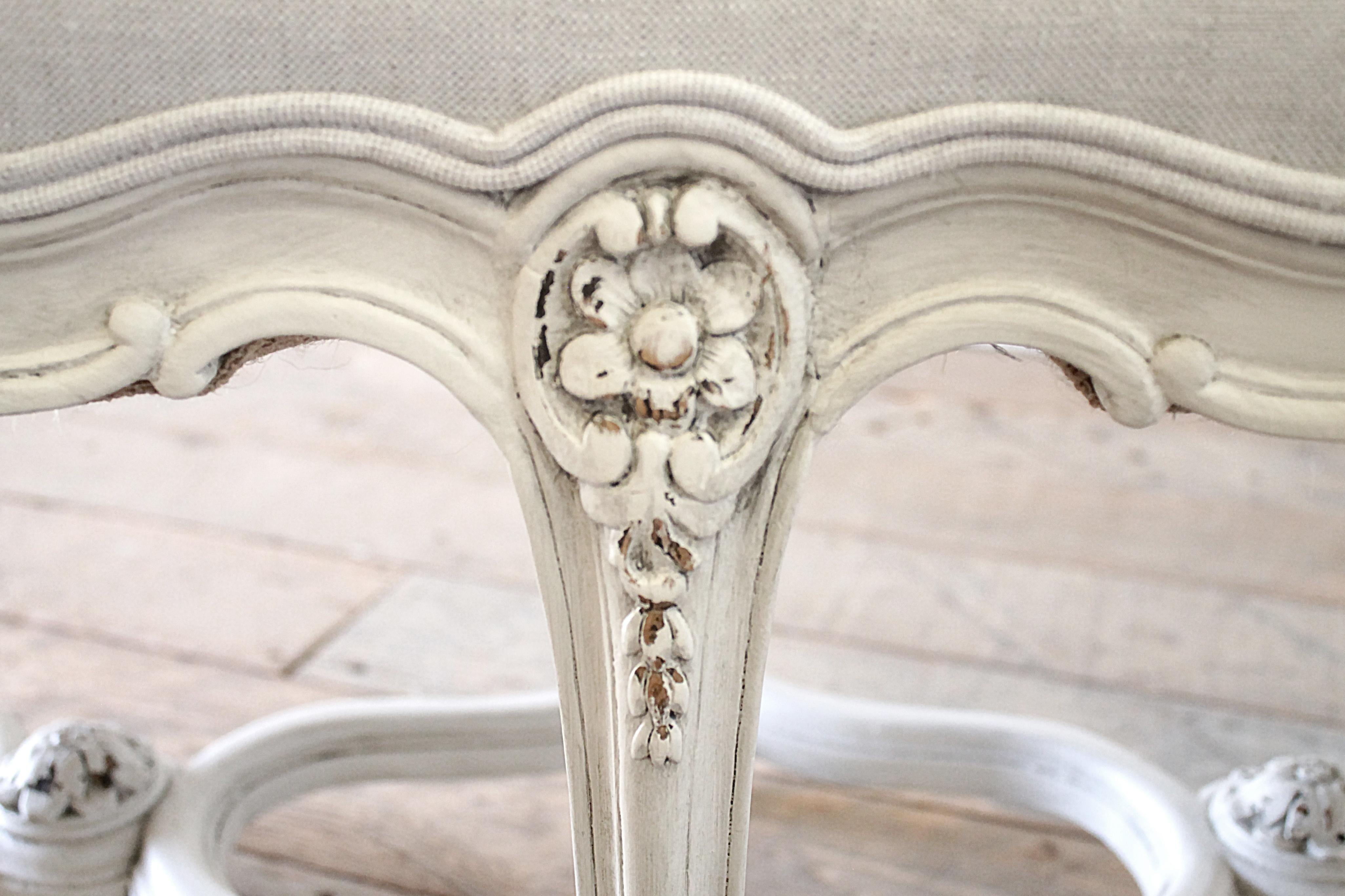 Antique Louis XV Style Bench with Natural Linen Upholstery 4