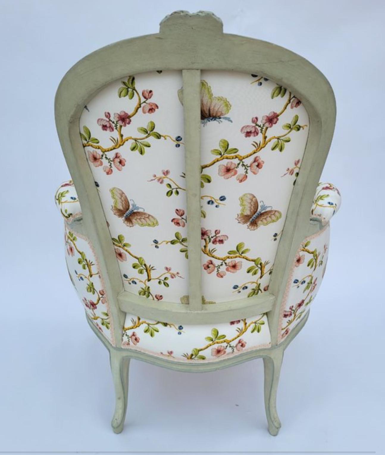 19th Century Antique Louis XV Style Bergere Arm Chair w Schumacker Strolling Butterflies For Sale