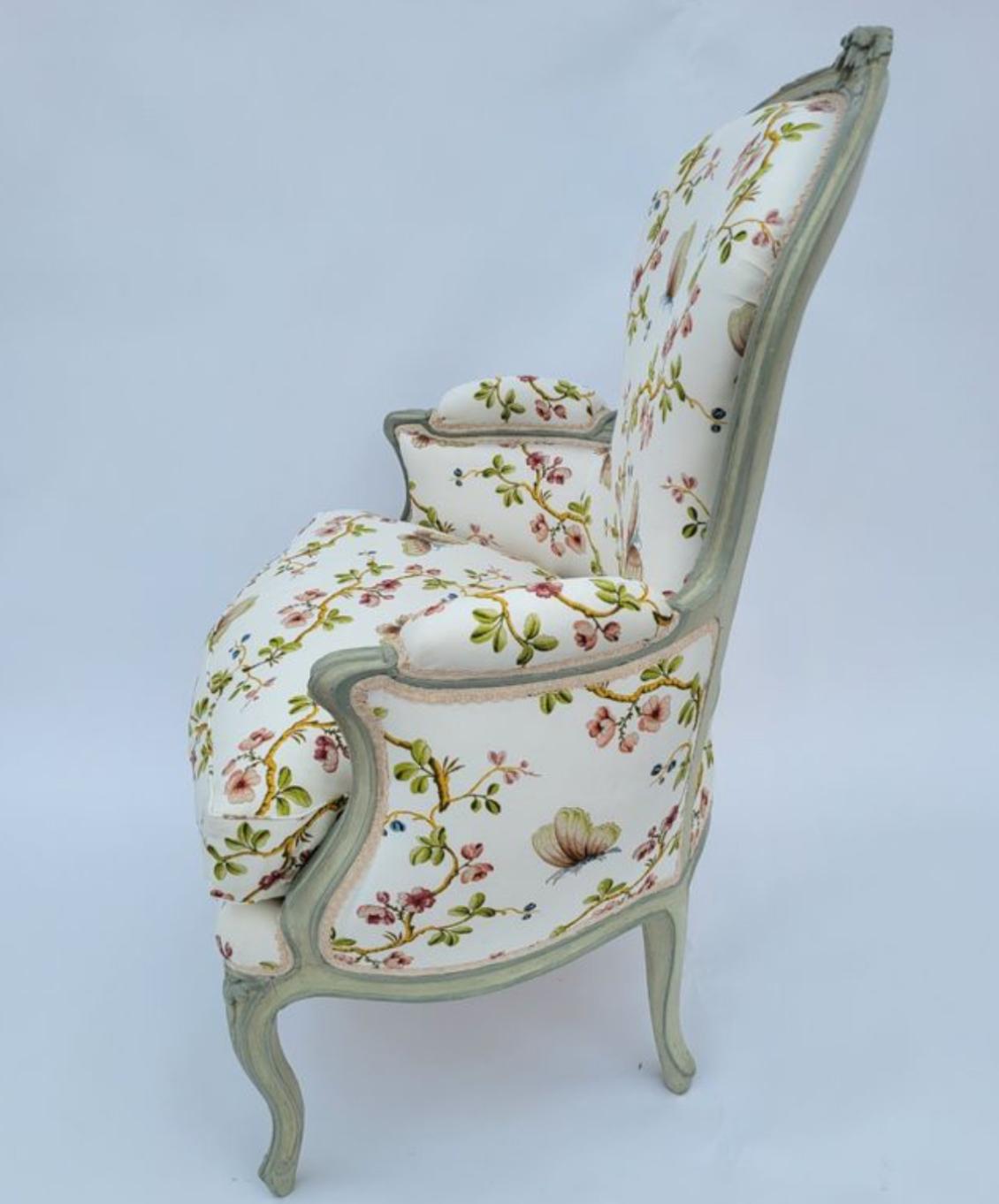 Wood Antique Louis XV Style Bergere Arm Chair w Schumacker Strolling Butterflies For Sale