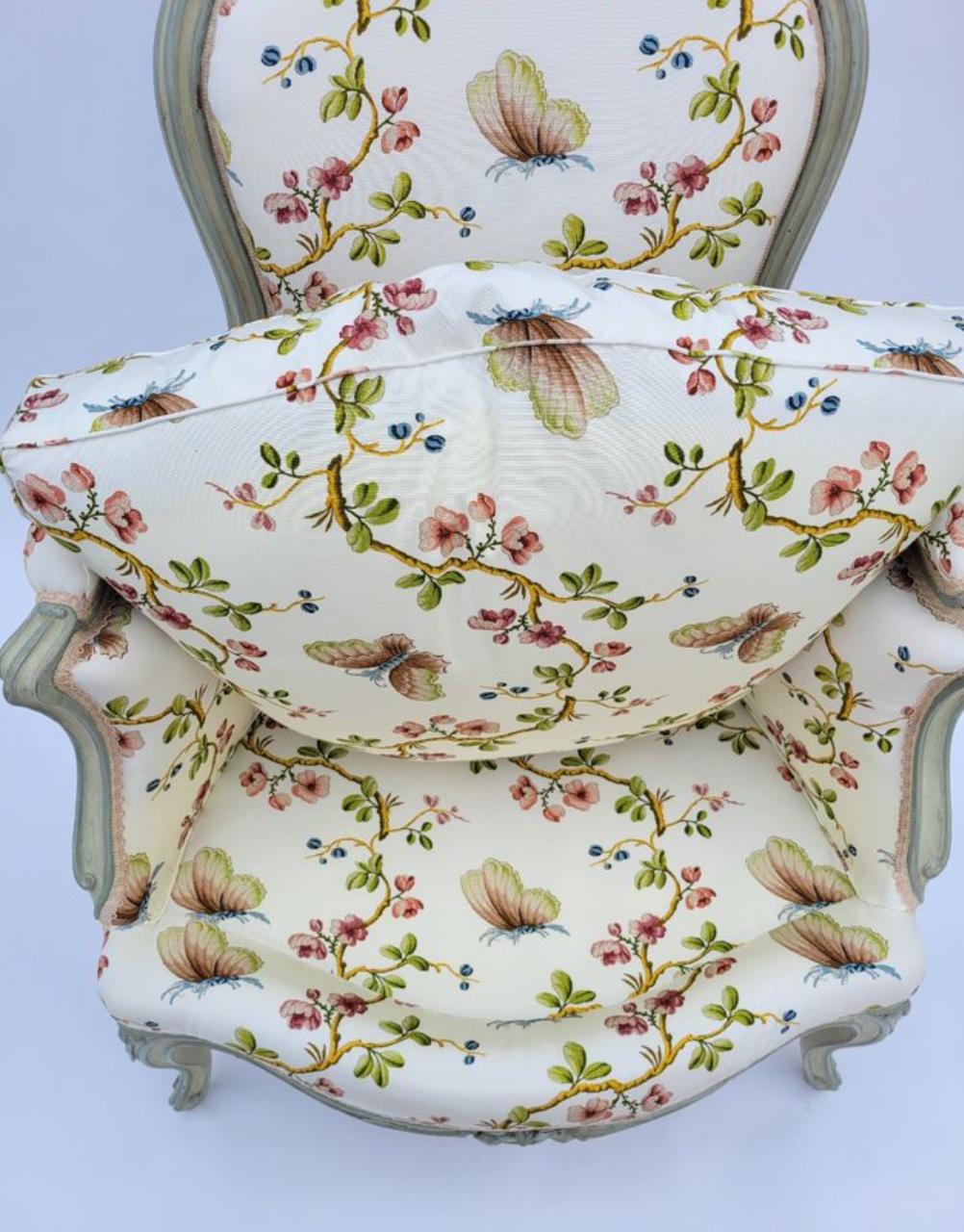 Antique Louis XV Style Bergere Arm Chair w Schumacker Strolling Butterflies For Sale 1