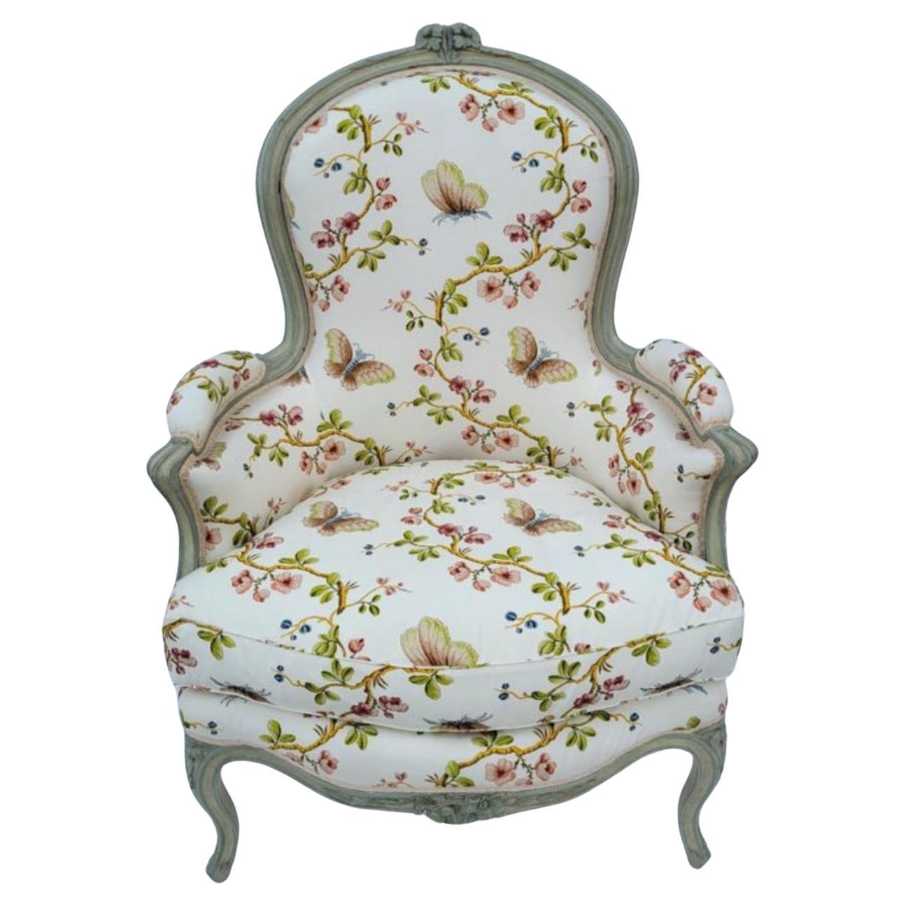 Antique Louis XV Style Bergere Arm Chair w Schumacker Strolling Butterflies For Sale