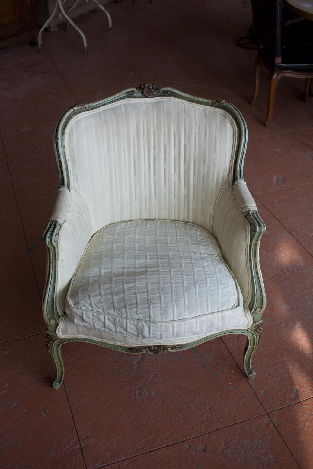 Carved Antique Louis XV Style Bergère Chair