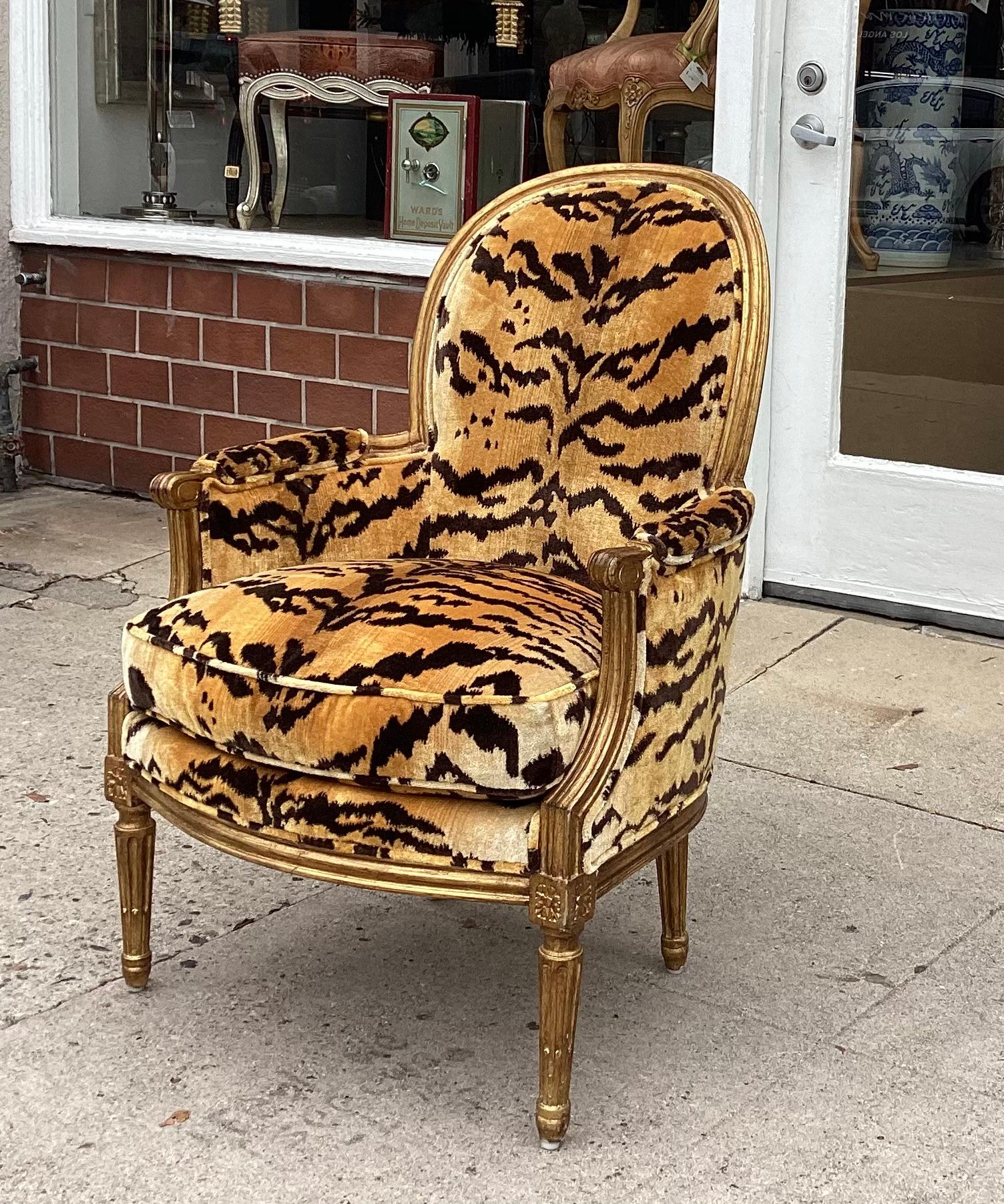 Late 20th Century Antique Louis XV Style Bergere W Scalamandre Tigre Silk Velvet