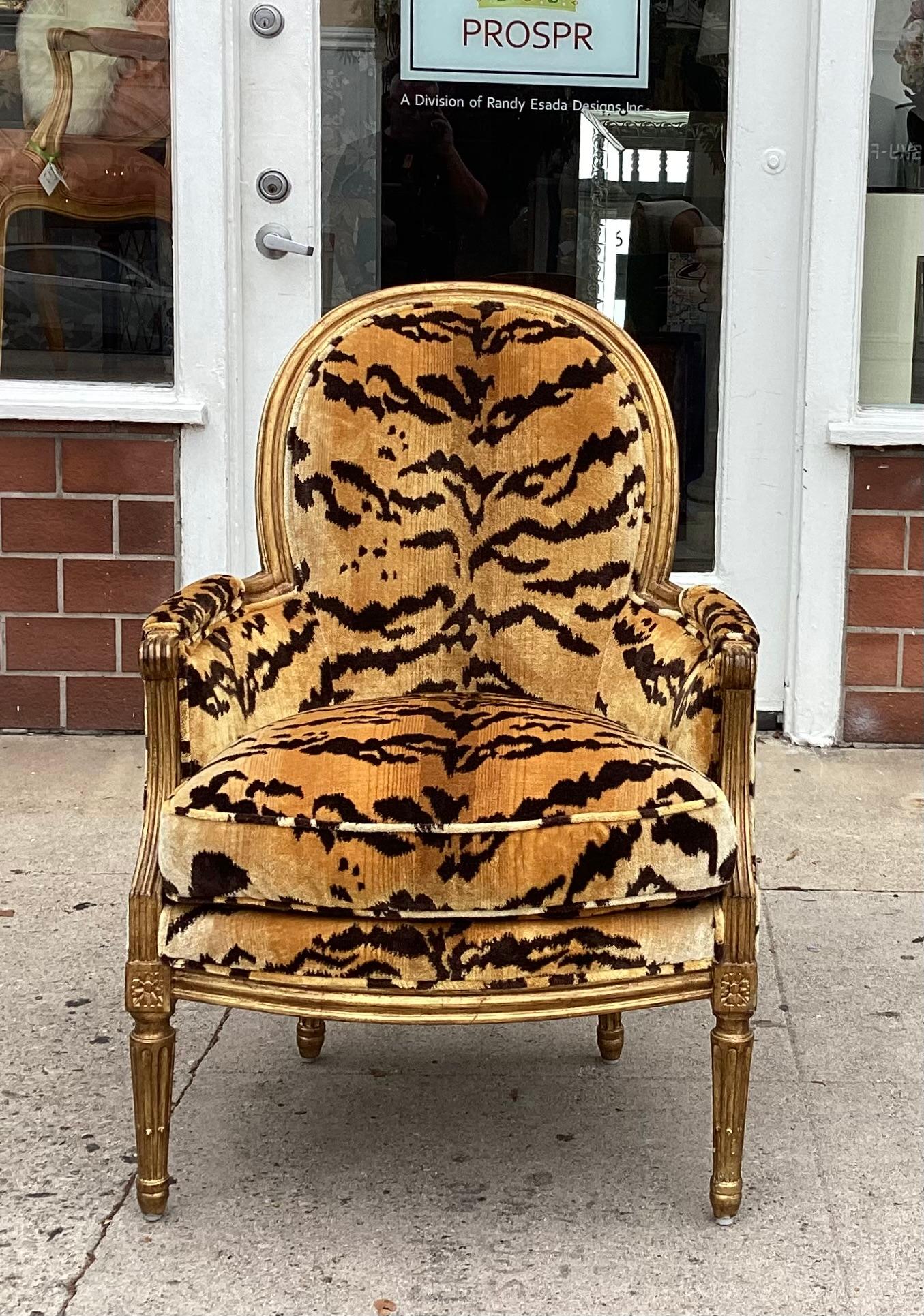 Giltwood Antique Louis XV Style Bergere W Scalamandre Tigre Silk Velvet