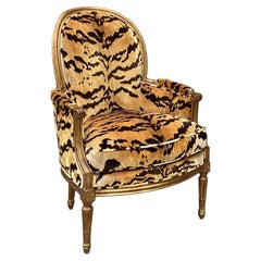 Antiguo estilo Luis XV Bergere W Scalamandre Tigre terciopelo de seda