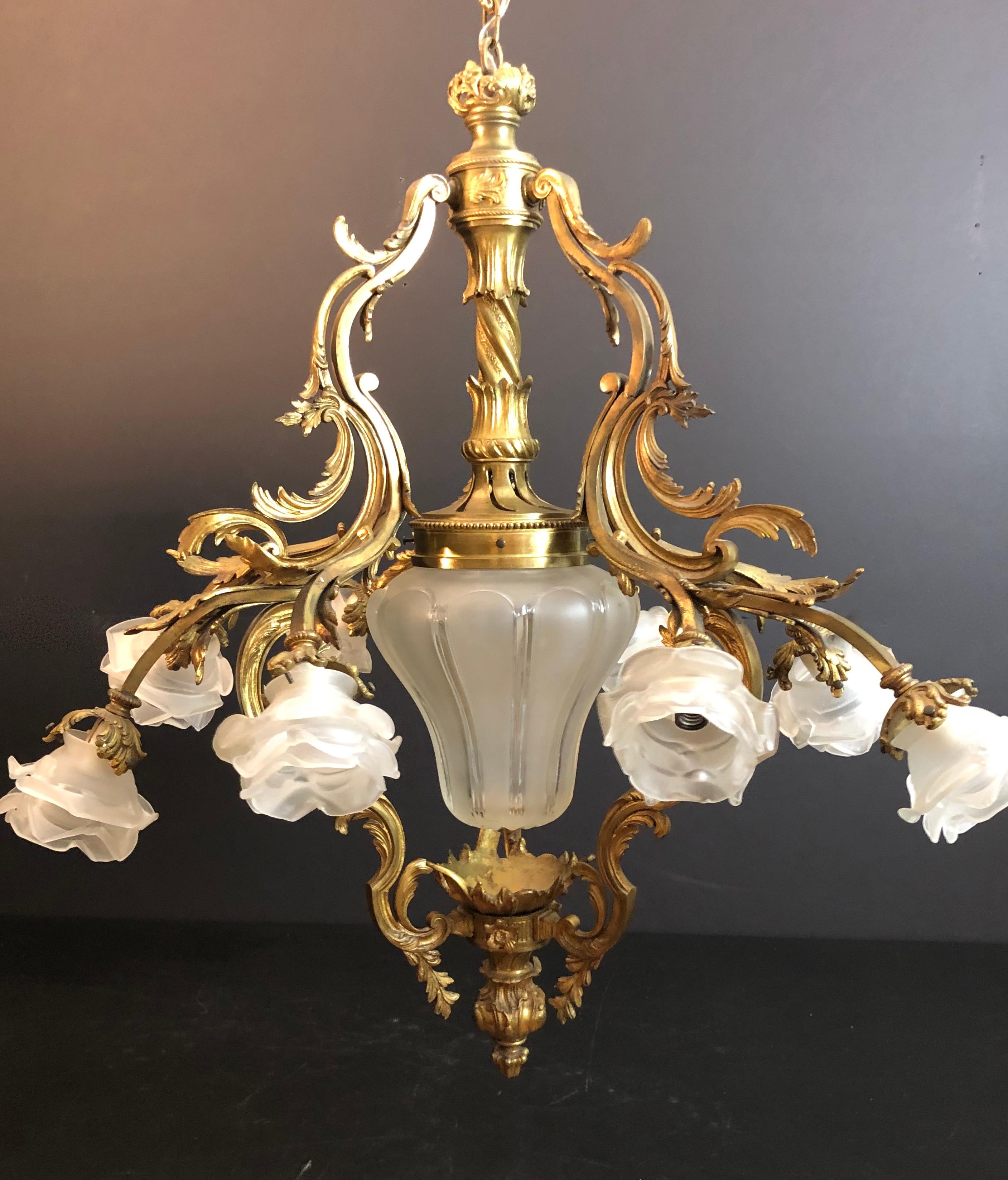 Rococo Gilt Bronze Chandelier In The Louis XV Style  For Sale