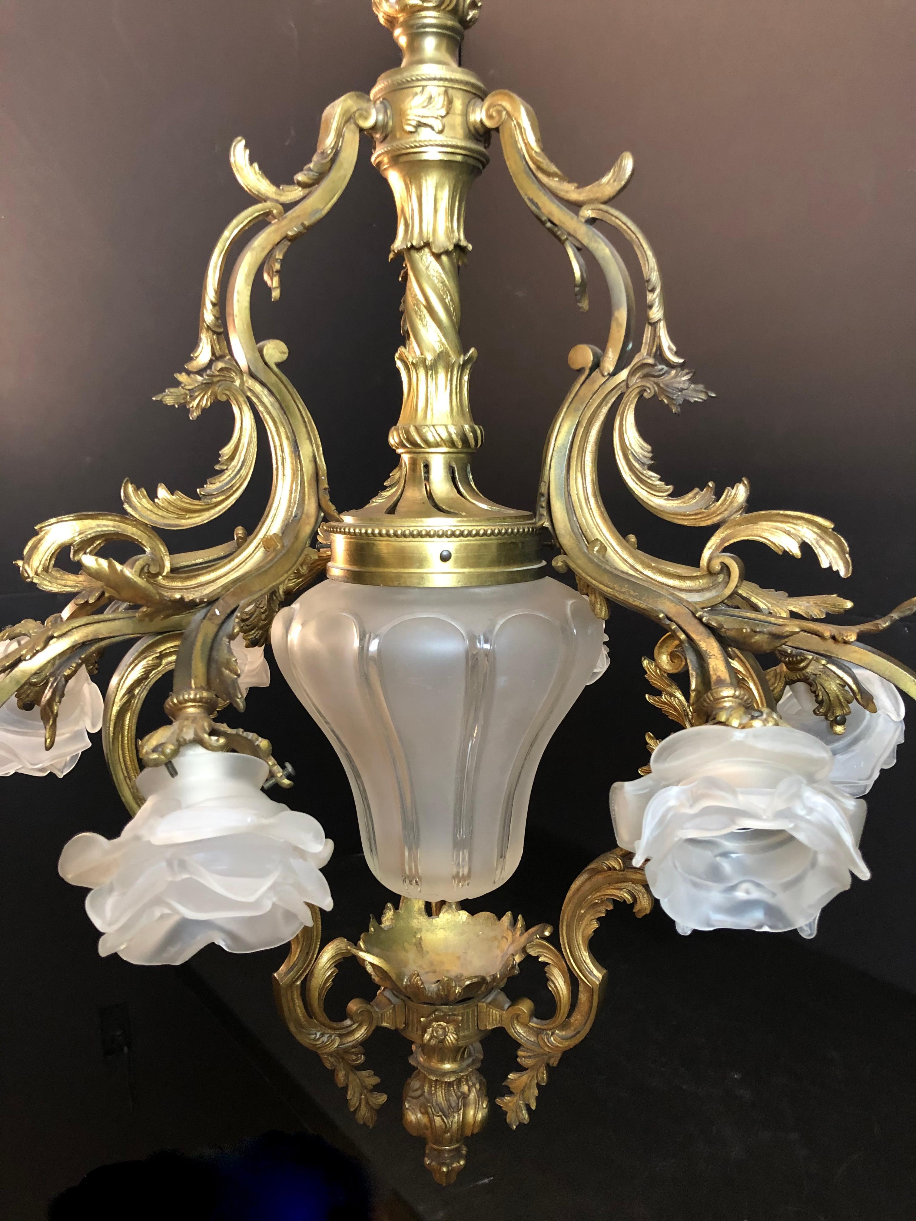 French Gilt Bronze Chandelier In The Louis XV Style  For Sale