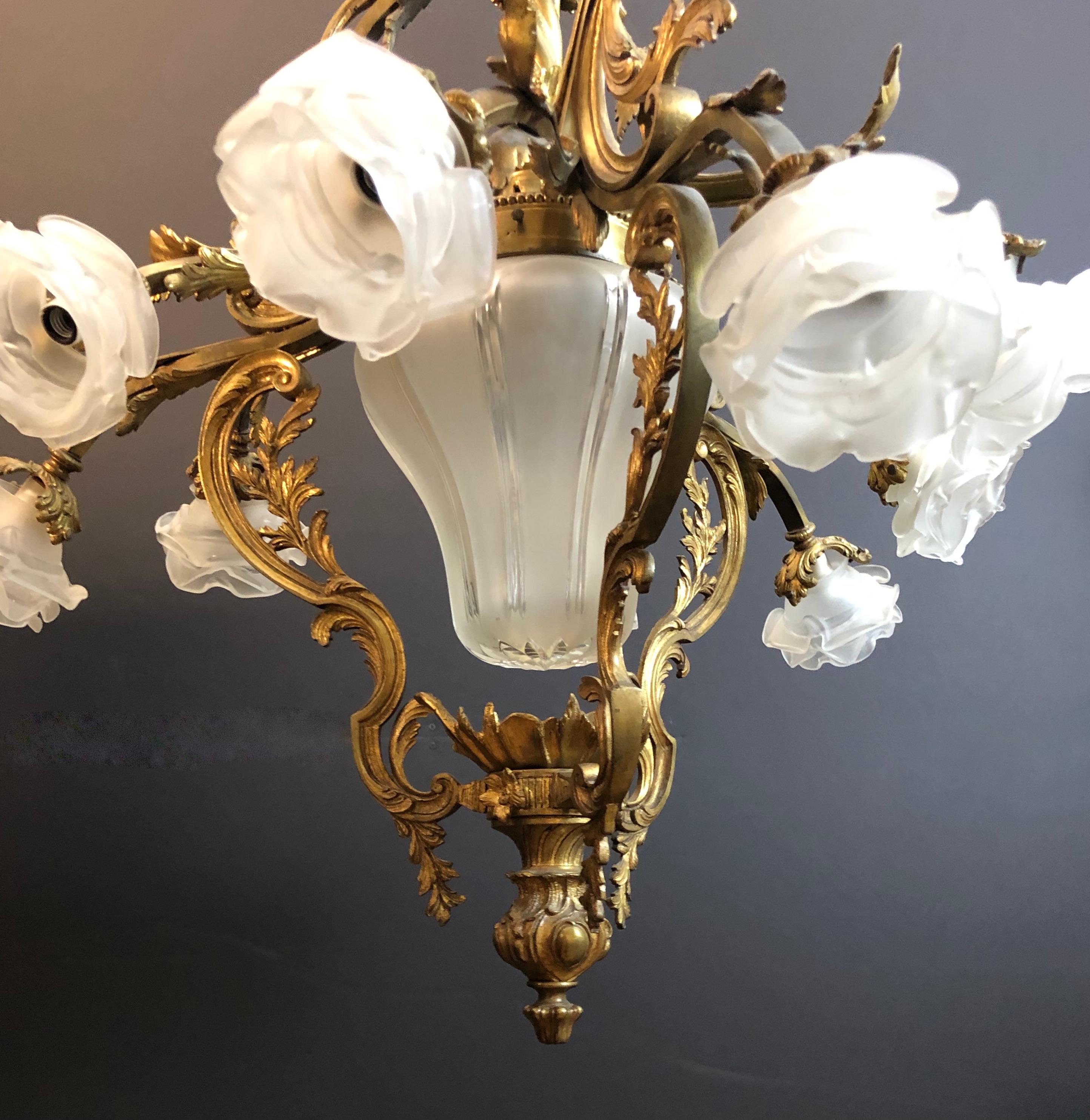 Gilt Bronze Chandelier In The Louis XV Style  In Good Condition For Sale In Norwood, NJ