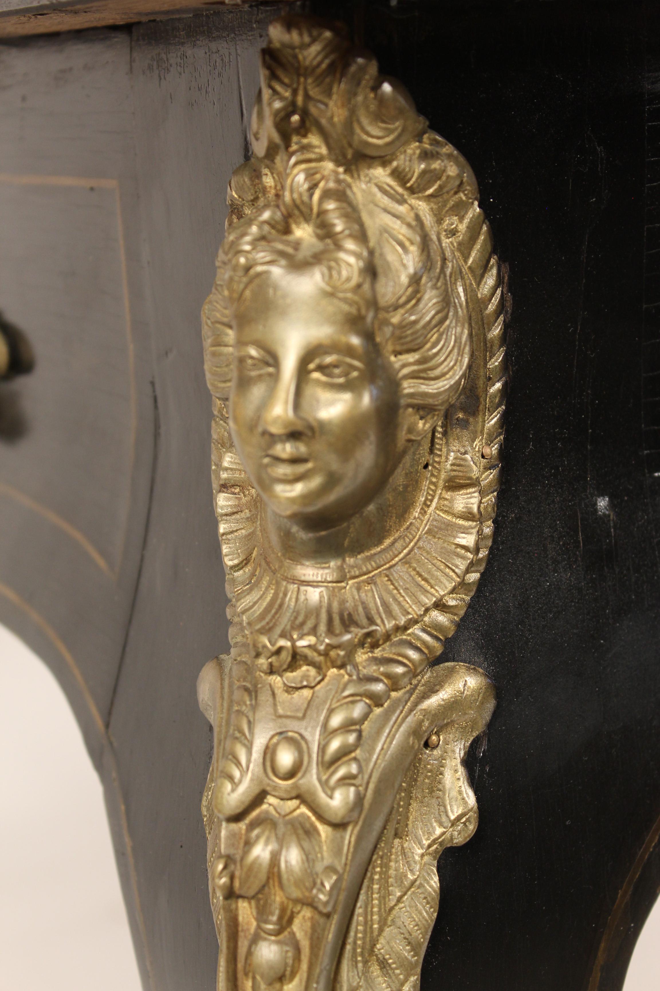 Brass Antique Louis XV Style Bronze Mounted Black Lacquer Bureau Plat