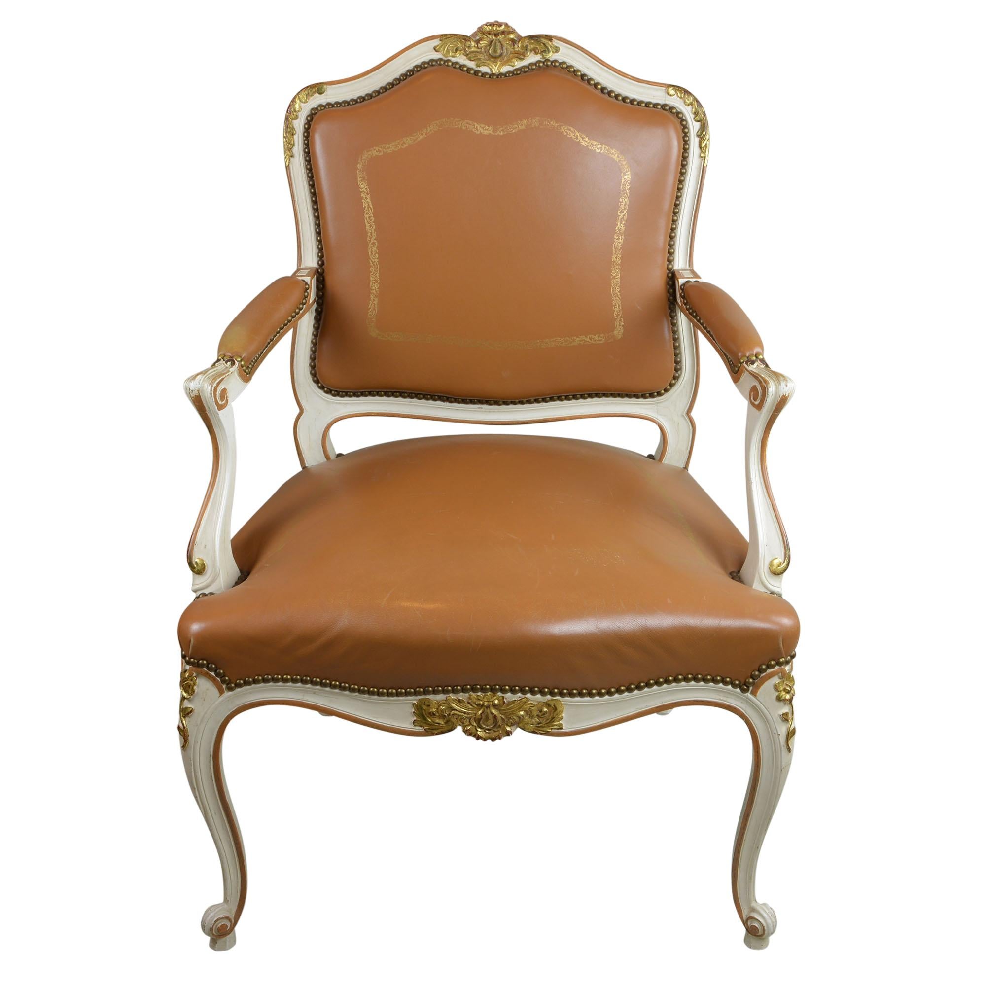 Antique Louis XV Style Brown Leather Chair