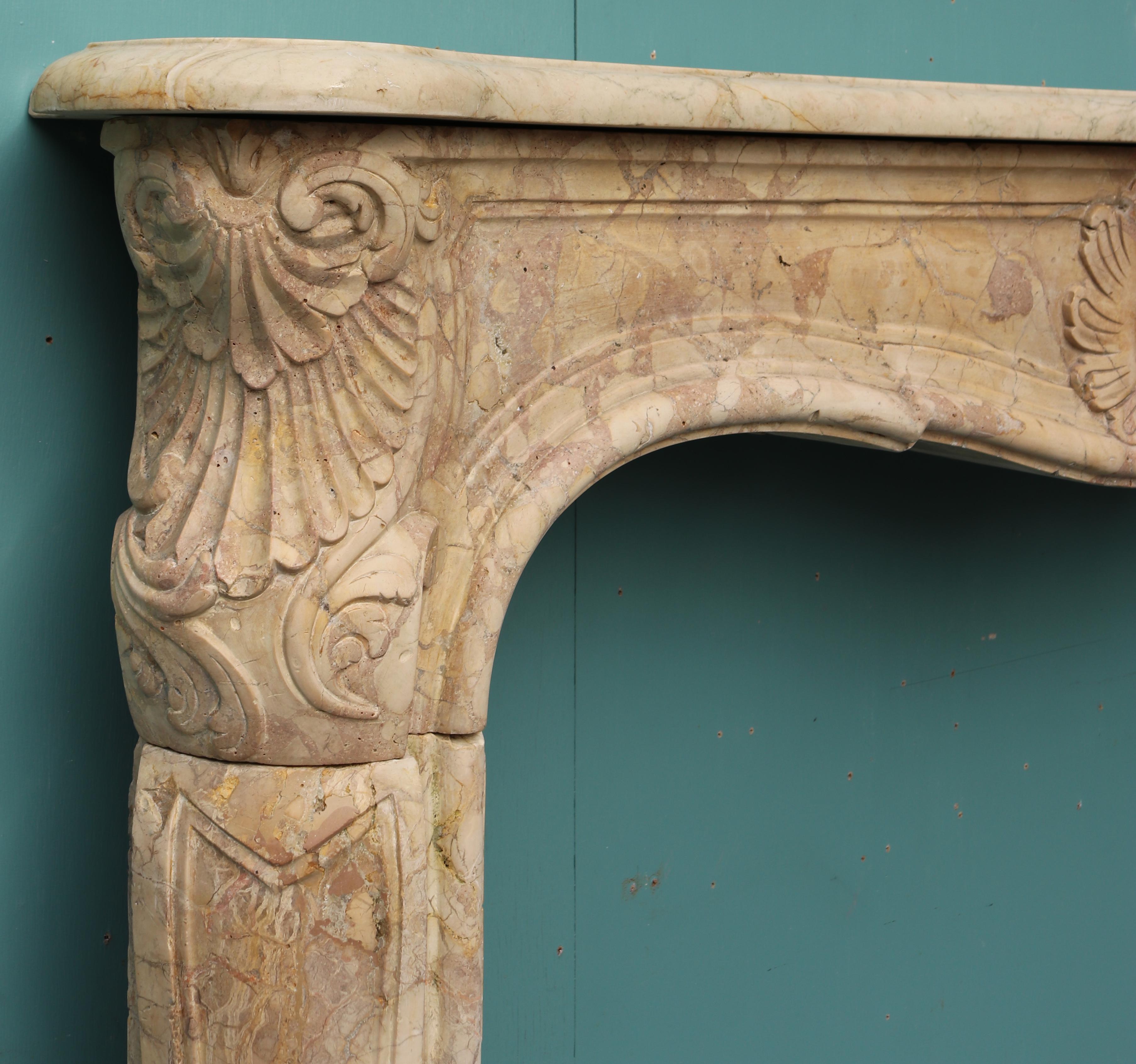 Antique Louis XV Style Carved Sarrancolin Marble Mantel In Fair Condition For Sale In Wormelow, Herefordshire