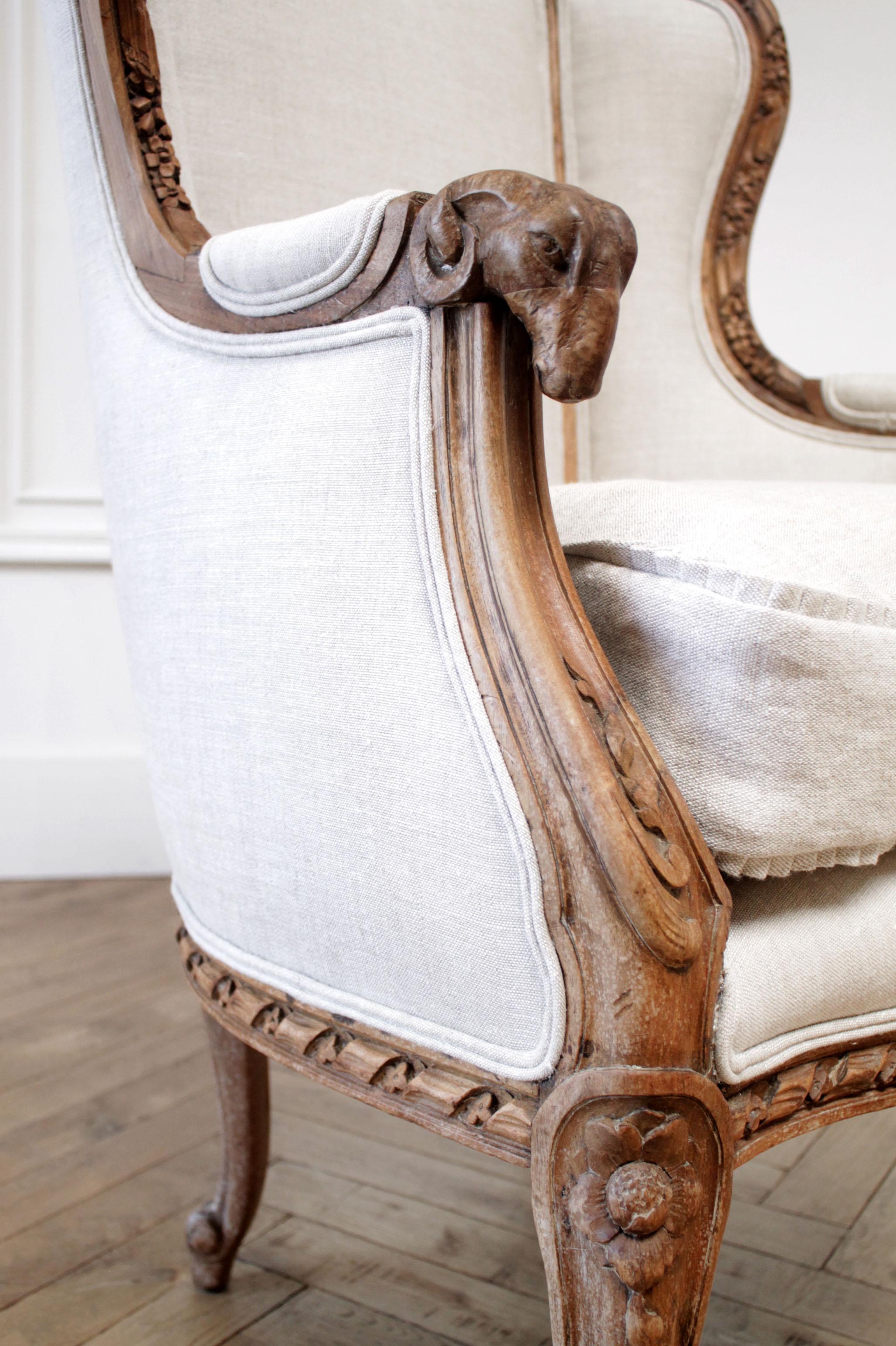 19th Century Antique Louis XV Style Carved Wing Chair Upholstered in Natural Linen