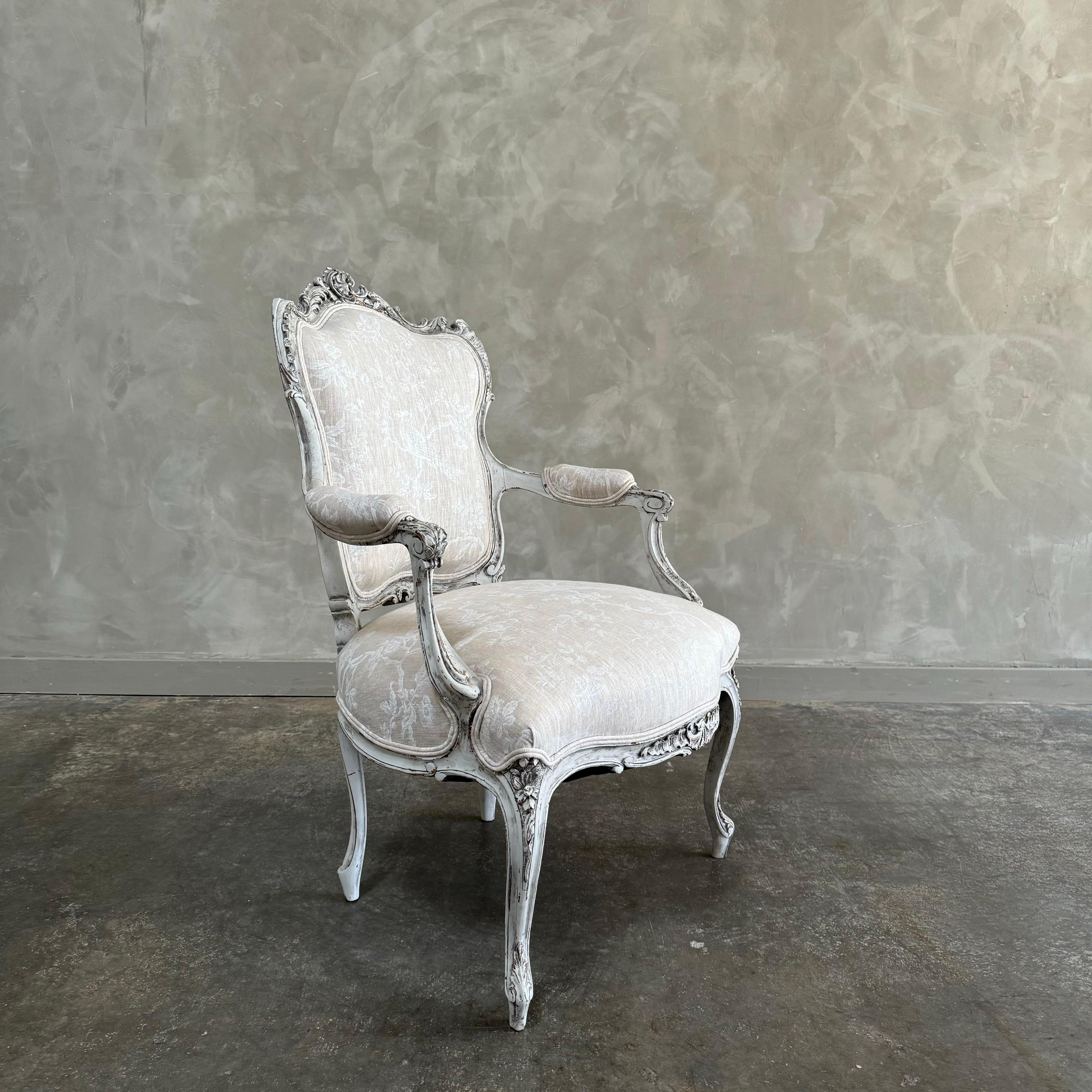 French Antique Louis XV style chair with linen upholstery